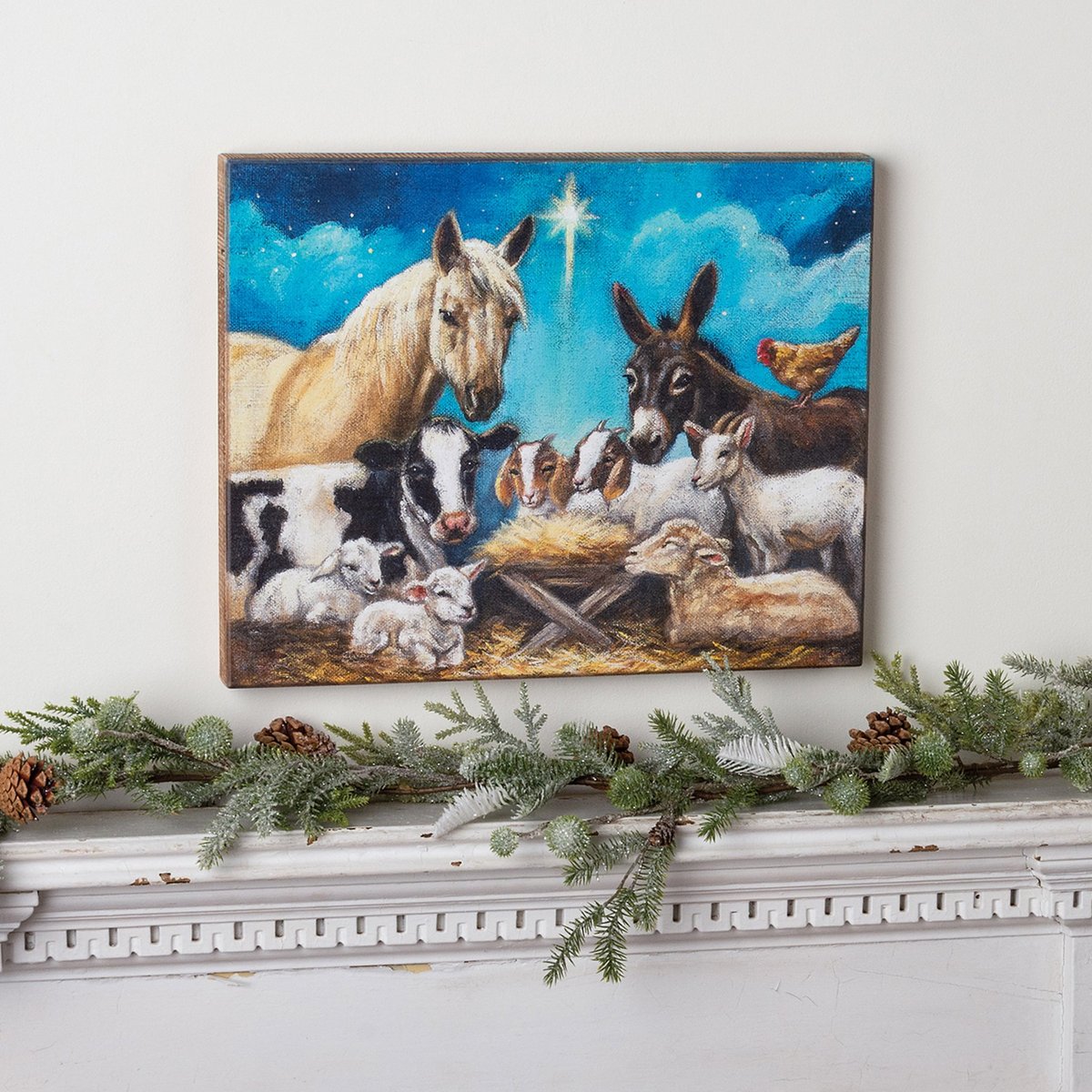 Rustic Wooden Nativity Box Sign - Farm Animal Burlap Canvas Christmas Decor