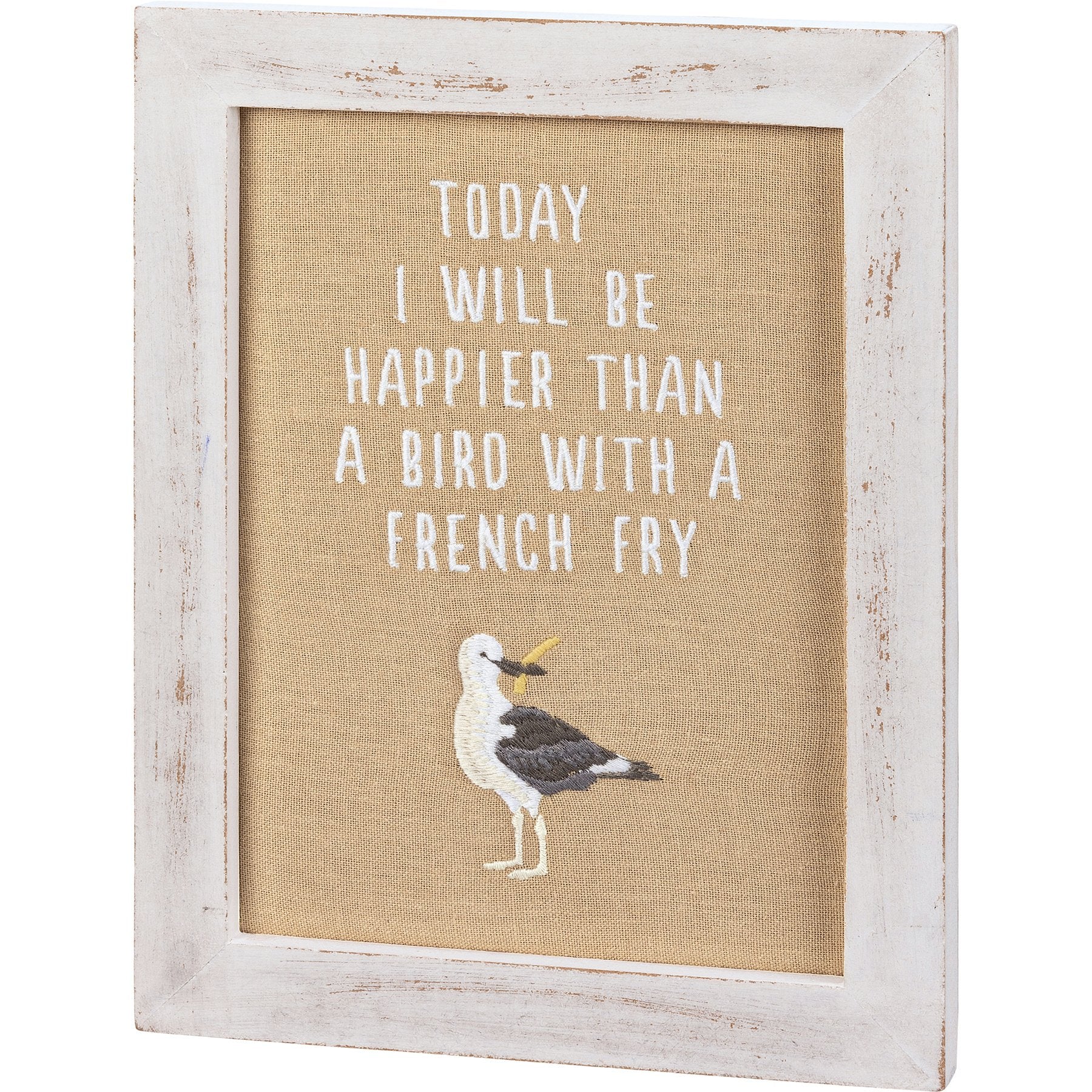 Whimsical 'Happier Than A Bird With A French Fry' Framed Stitchery Decor
