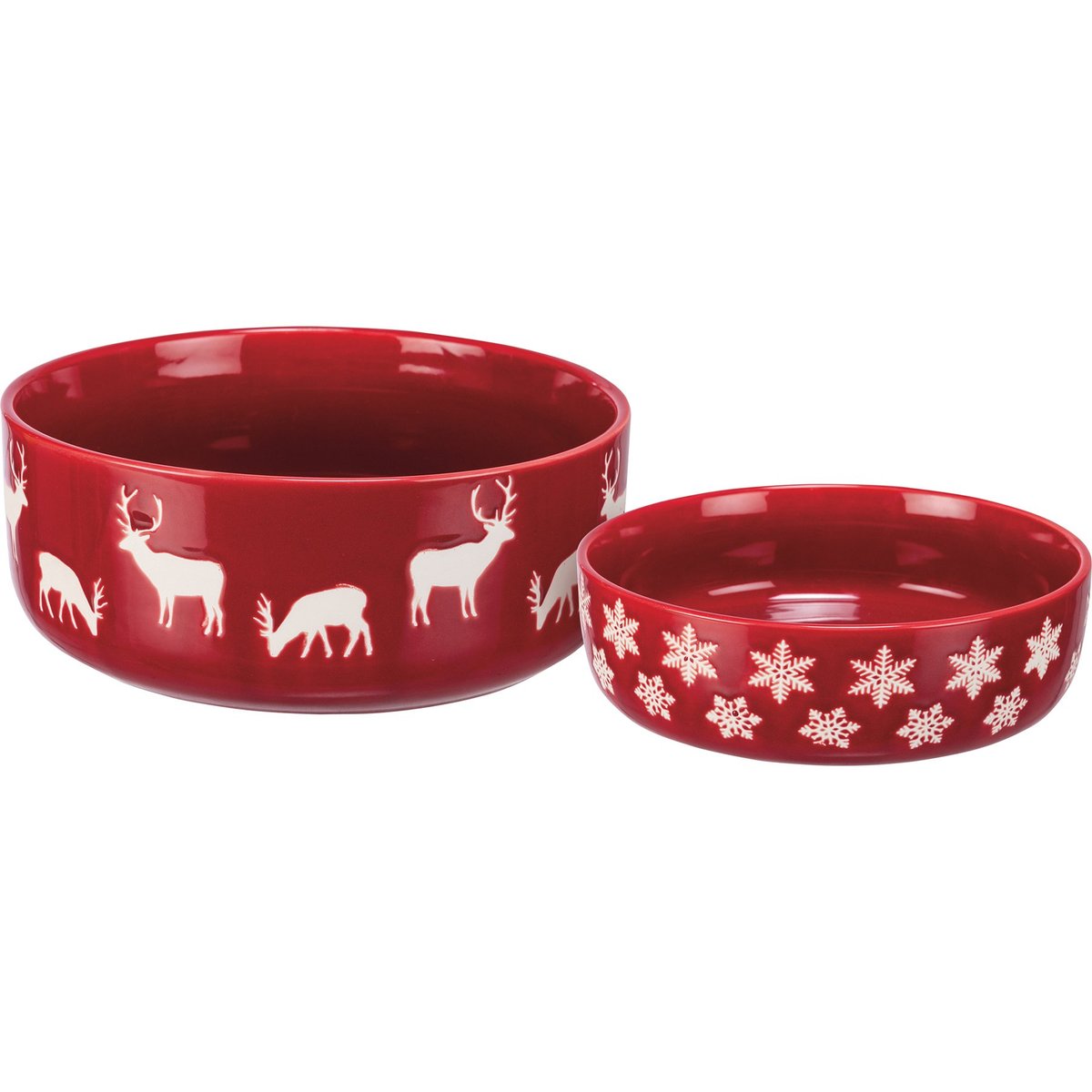 Festive Red Stoneware Deer & Snowflake Bowl Set - Microwave Oven Dishwasher Safe