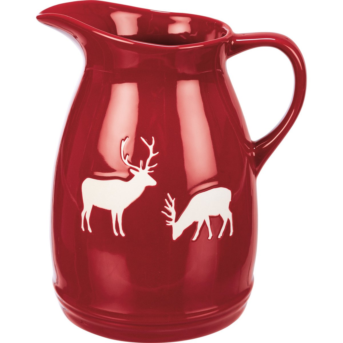 Rustic Red Stoneware Deer Pitcher with Debossed White Buck Design, 6.75-inch