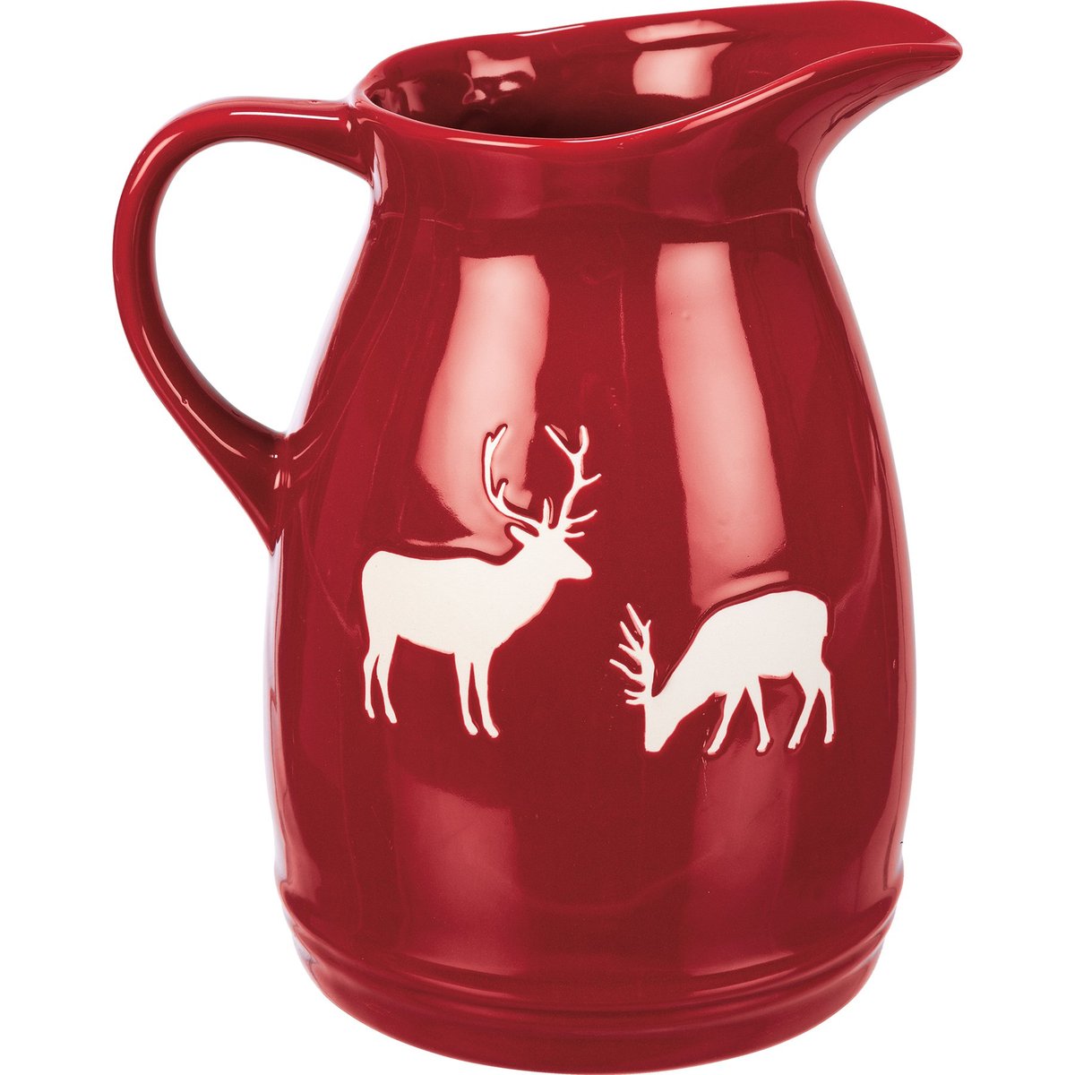 Rustic Red Stoneware Deer Pitcher with Debossed White Buck Design, 6.75-inch