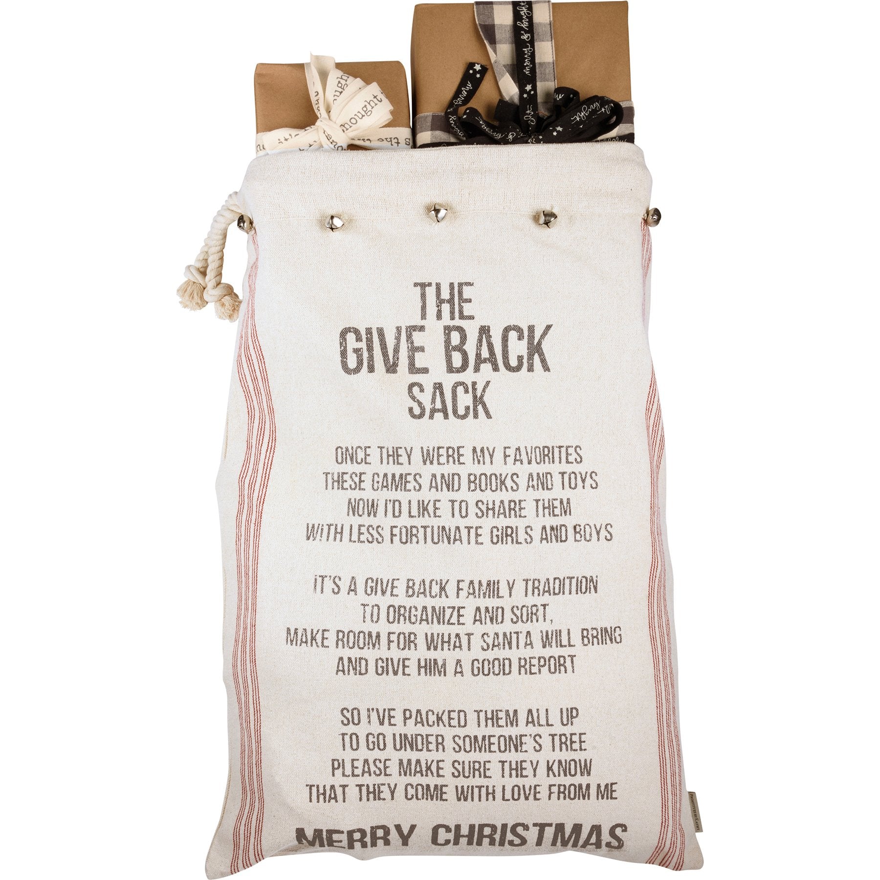 Festive Give Back Sack Merry Christmas Cotton Santa Bag with Bells