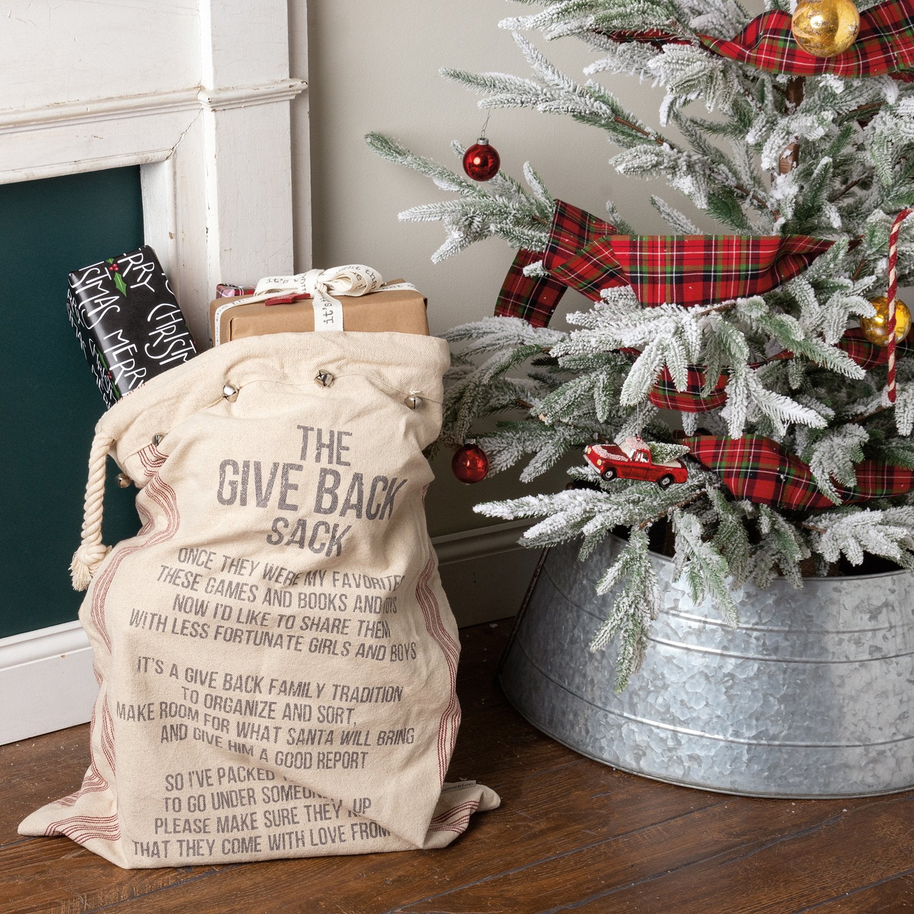 Festive Give Back Sack Merry Christmas Cotton Santa Bag with Bells