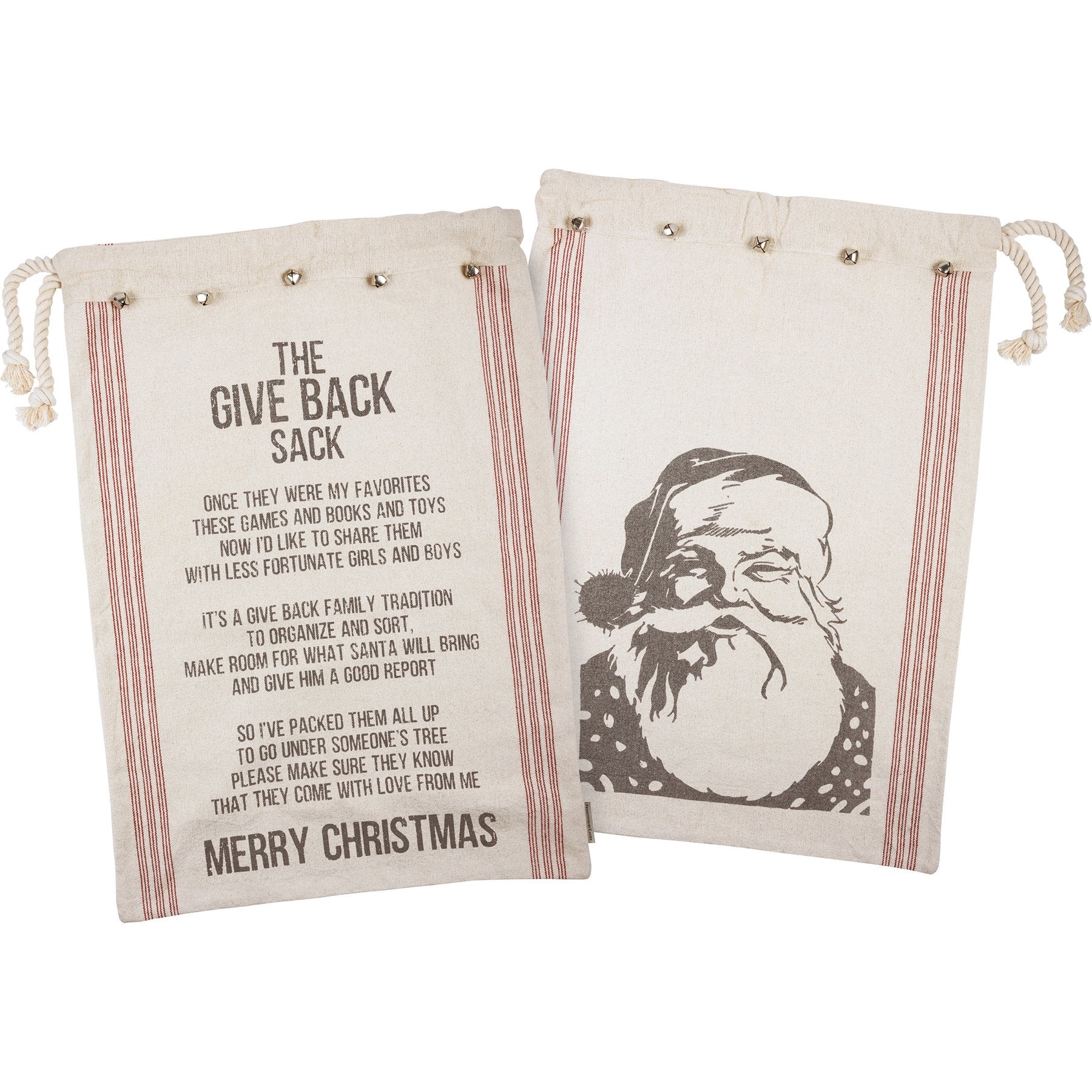 Festive Give Back Sack Merry Christmas Cotton Santa Bag with Bells