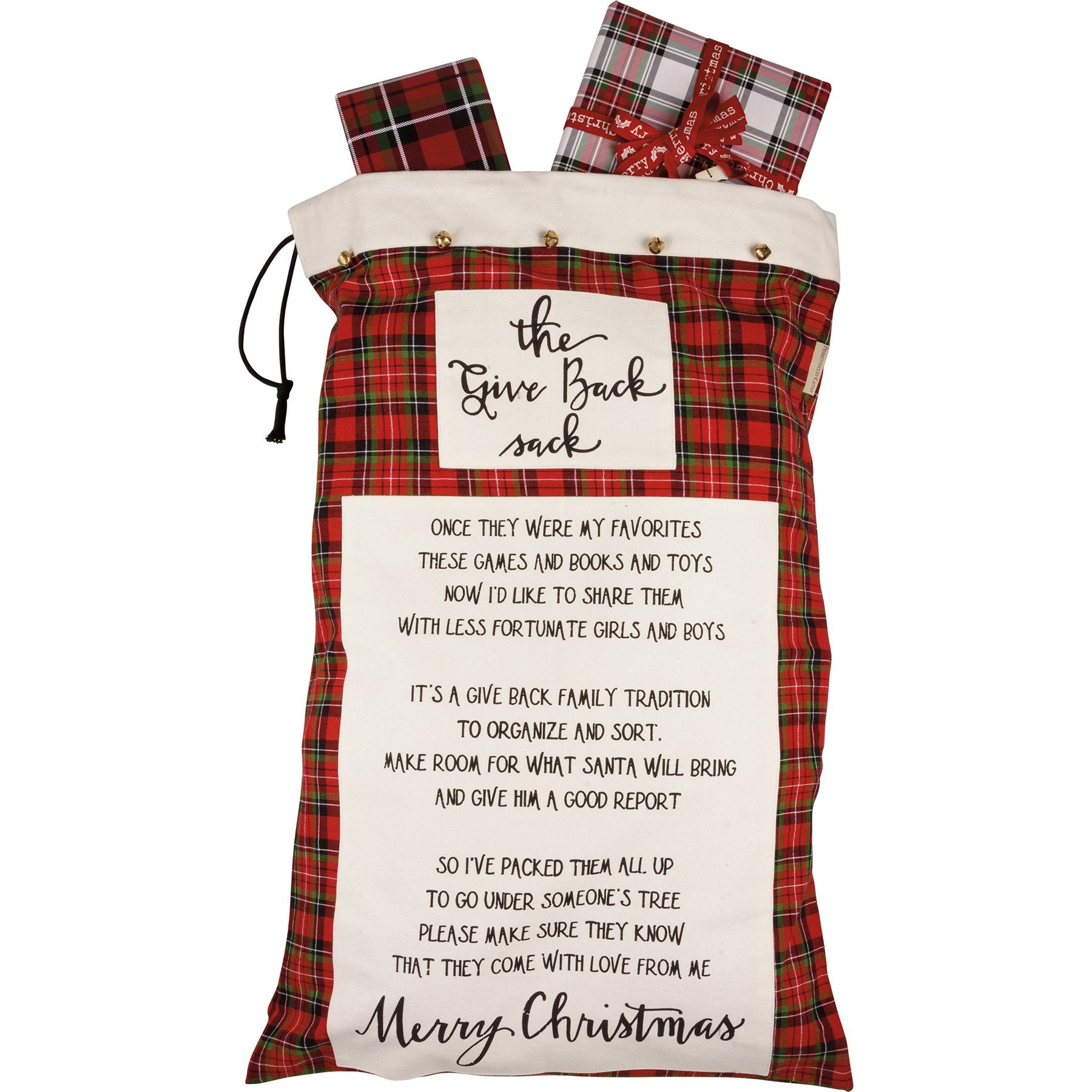 Primitives By Kathy Red Plaid 'Give Back' Cotton Santa Sack with Jingle Bells