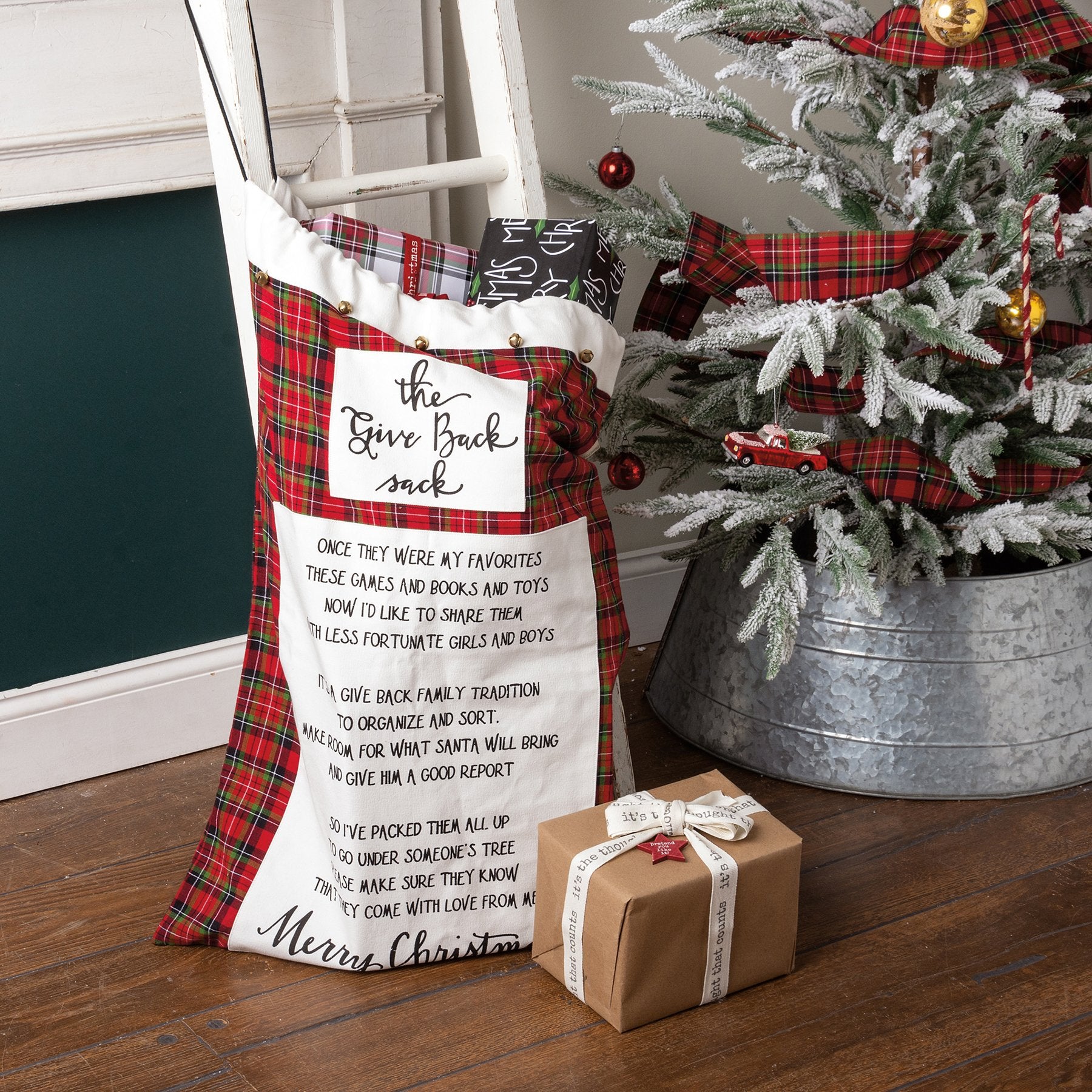 Primitives By Kathy Red Plaid 'Give Back' Cotton Santa Sack with Jingle Bells