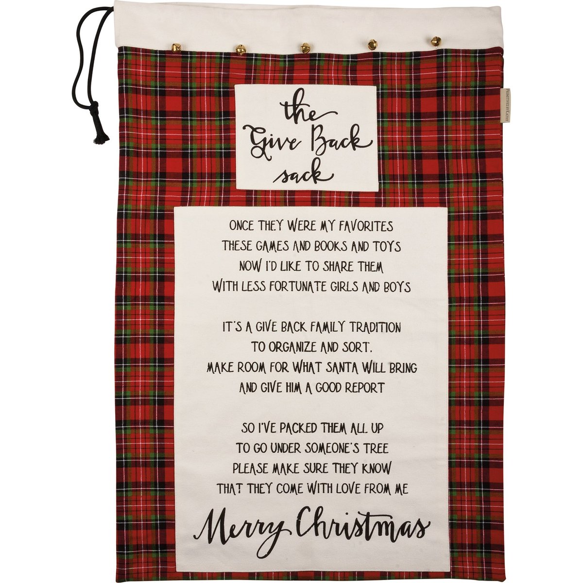 Primitives By Kathy Red Plaid 'Give Back' Cotton Santa Sack with Jingle Bells