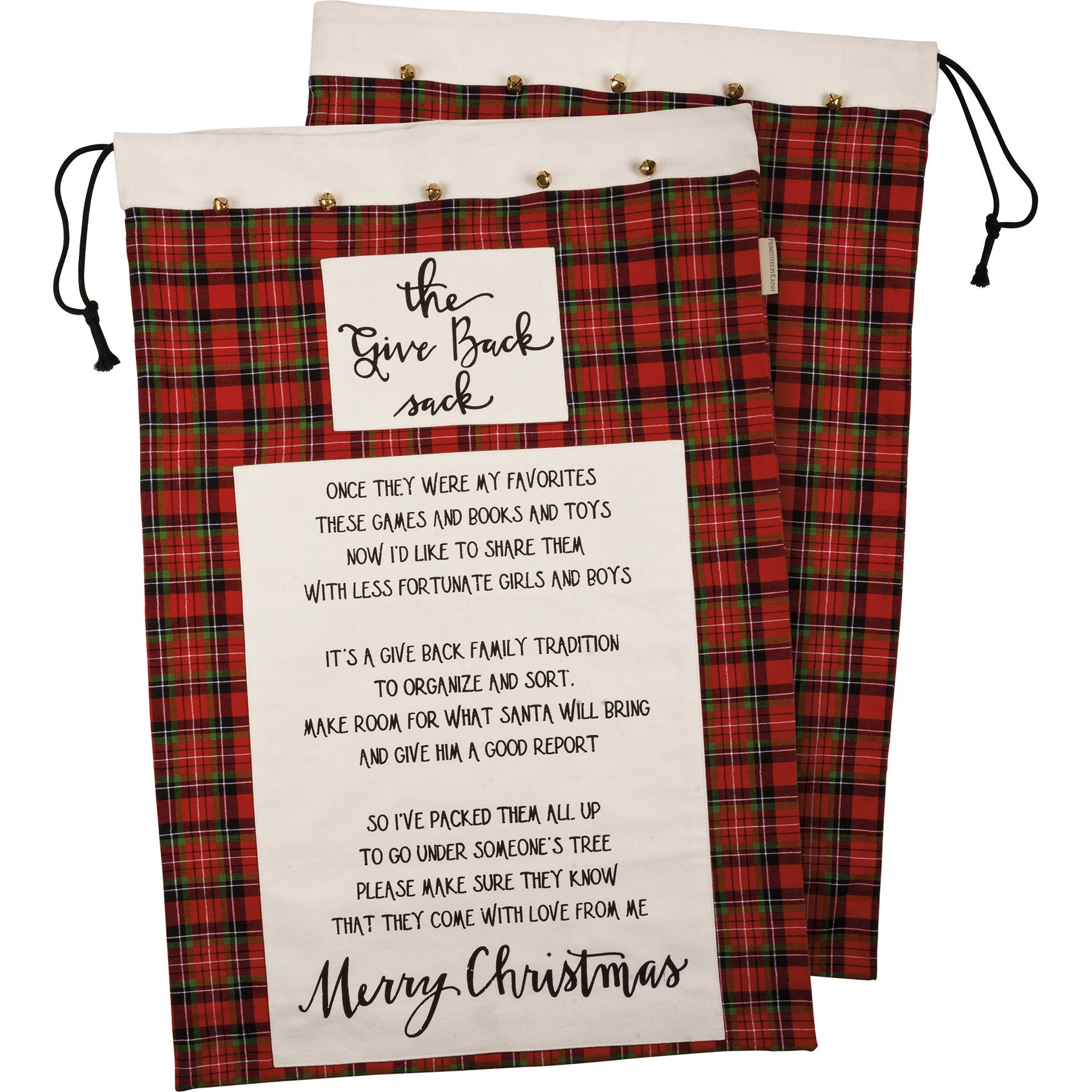 Primitives By Kathy Red Plaid 'Give Back' Cotton Santa Sack with Jingle Bells