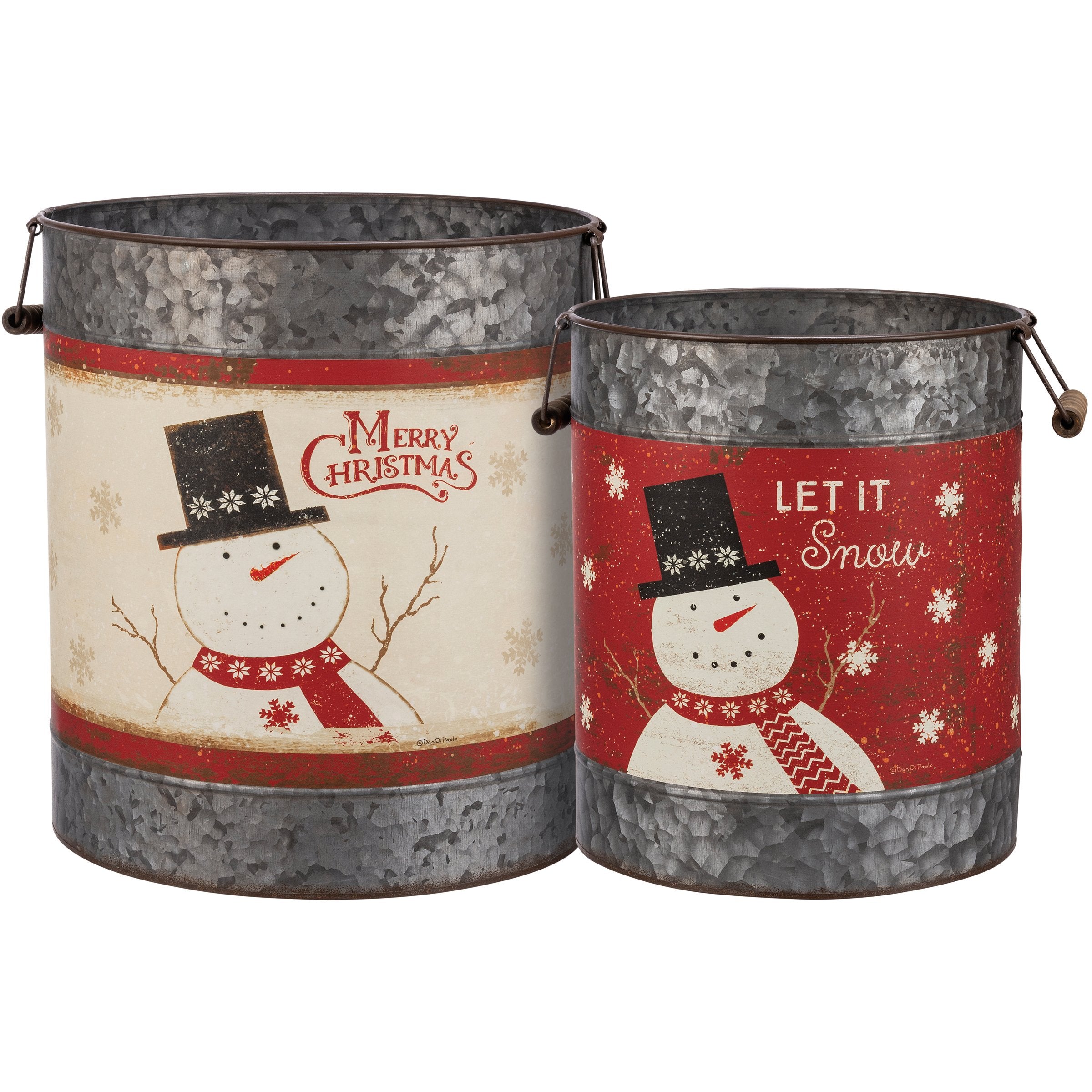 Charming Galvanized Metal Snowman Christmas Buckets - Let It Snow Merry Christmas Decor Set