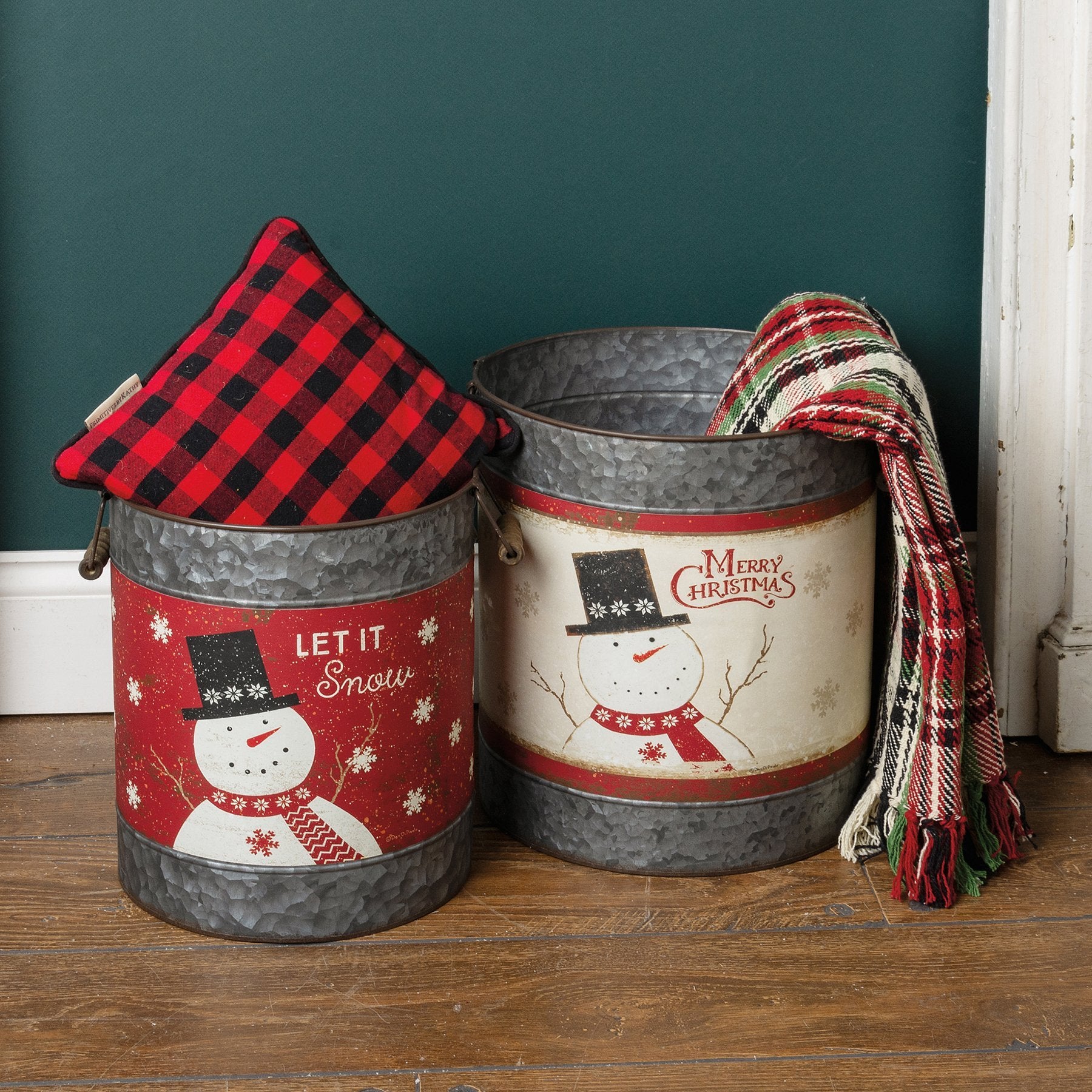 Charming Galvanized Metal Snowman Christmas Buckets - Let It Snow Merry Christmas Decor Set