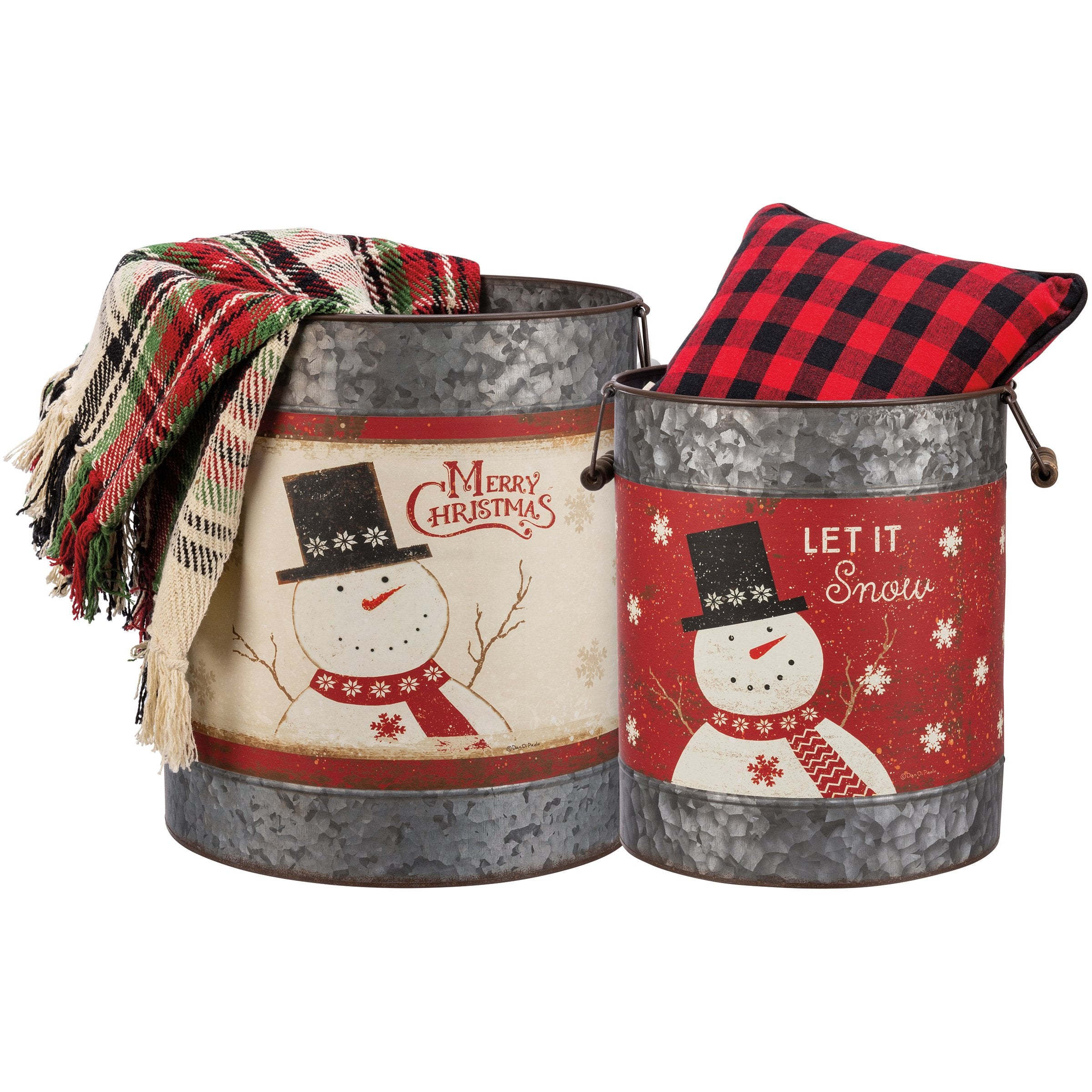Charming Galvanized Metal Snowman Christmas Buckets - Let It Snow Merry Christmas Decor Set