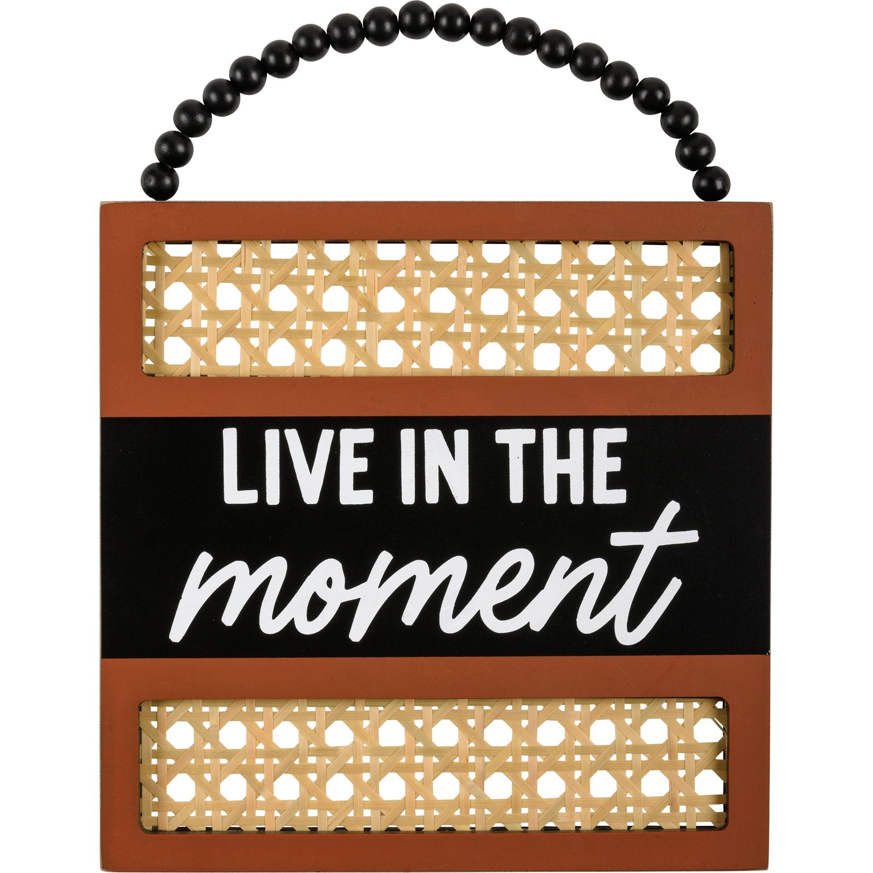 Bohemian Wooden Rattan 'Live In The Moment' Wall Art Decor with Beaded Hanger