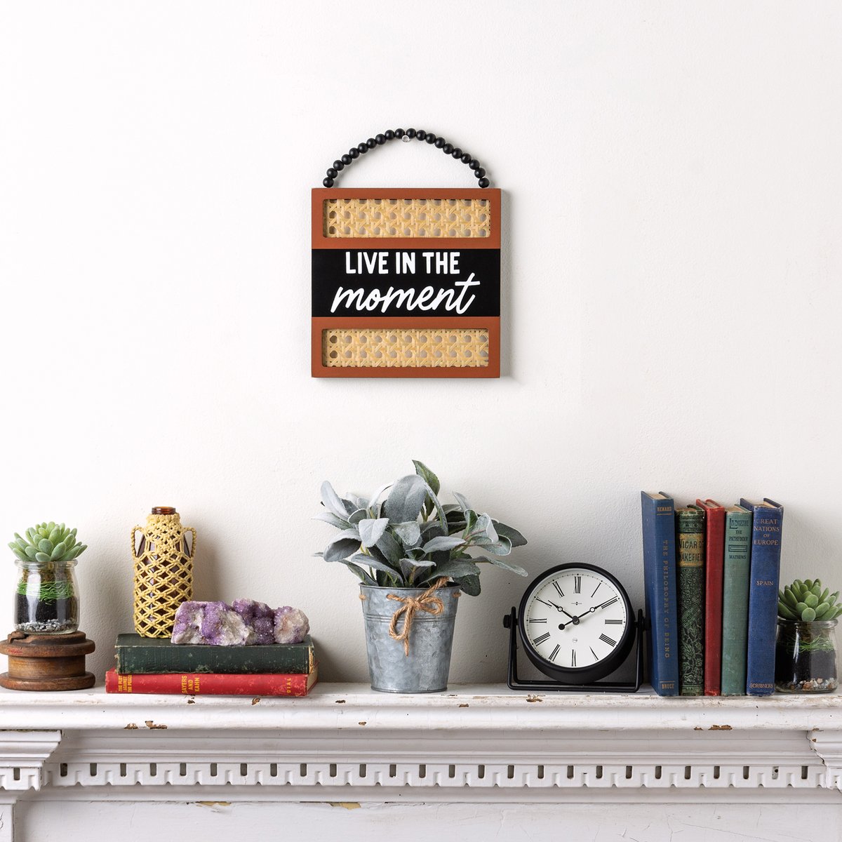 Bohemian Wooden Rattan 'Live In The Moment' Wall Art Decor with Beaded Hanger