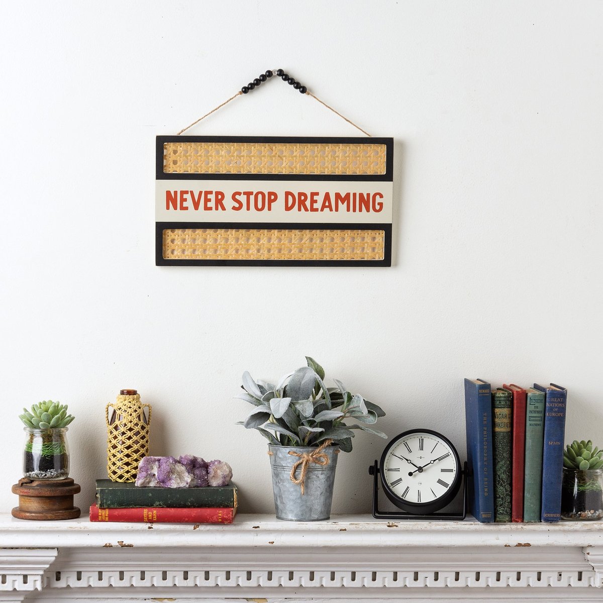 Bohemian Rattan Wood Wall Decor, 'Never Stop Dreaming' Sentiment, Easy Hanging Art