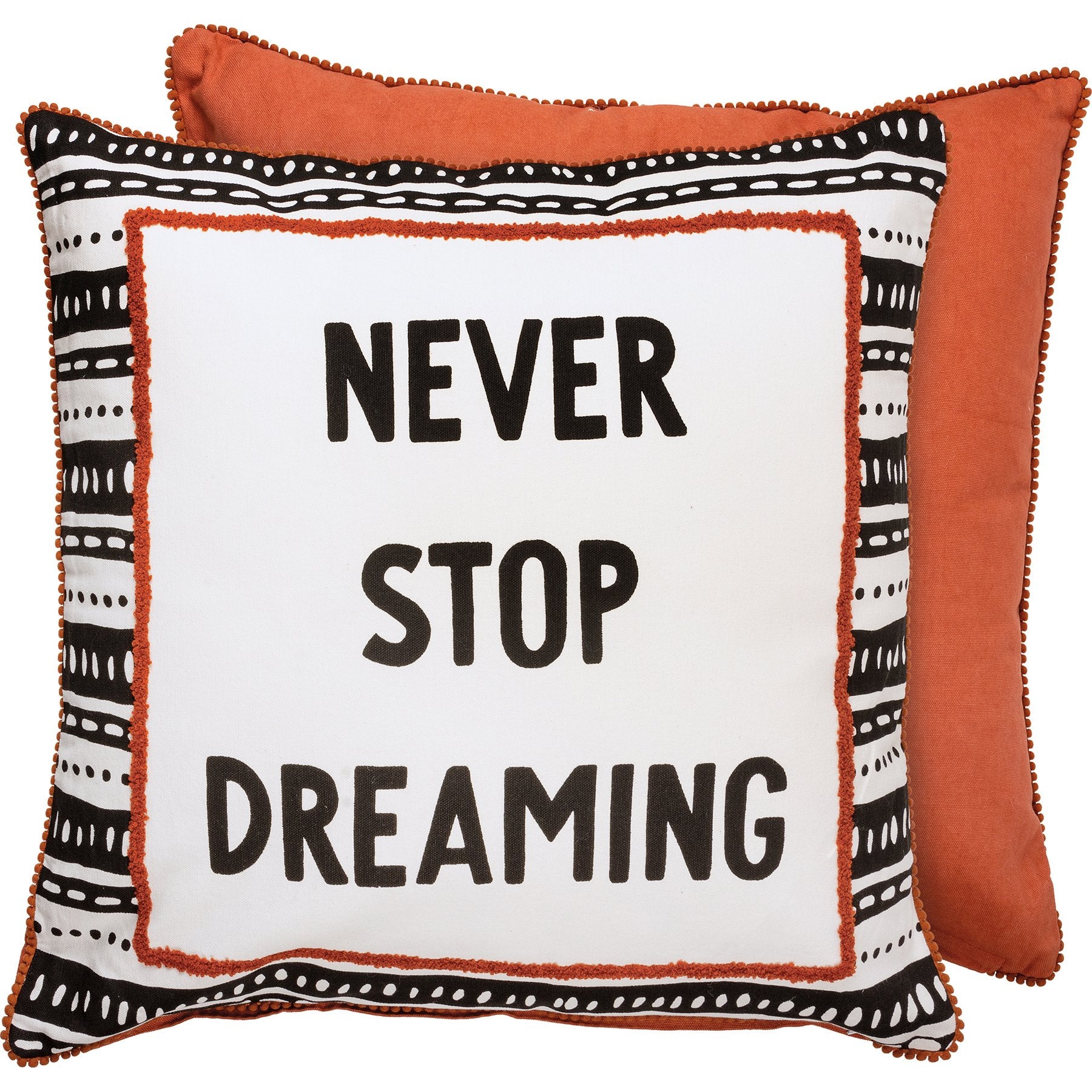 Bohemian Embroidered 'Never Stop Dreaming' Cotton Decorative Accent Pillow with Pom Trim