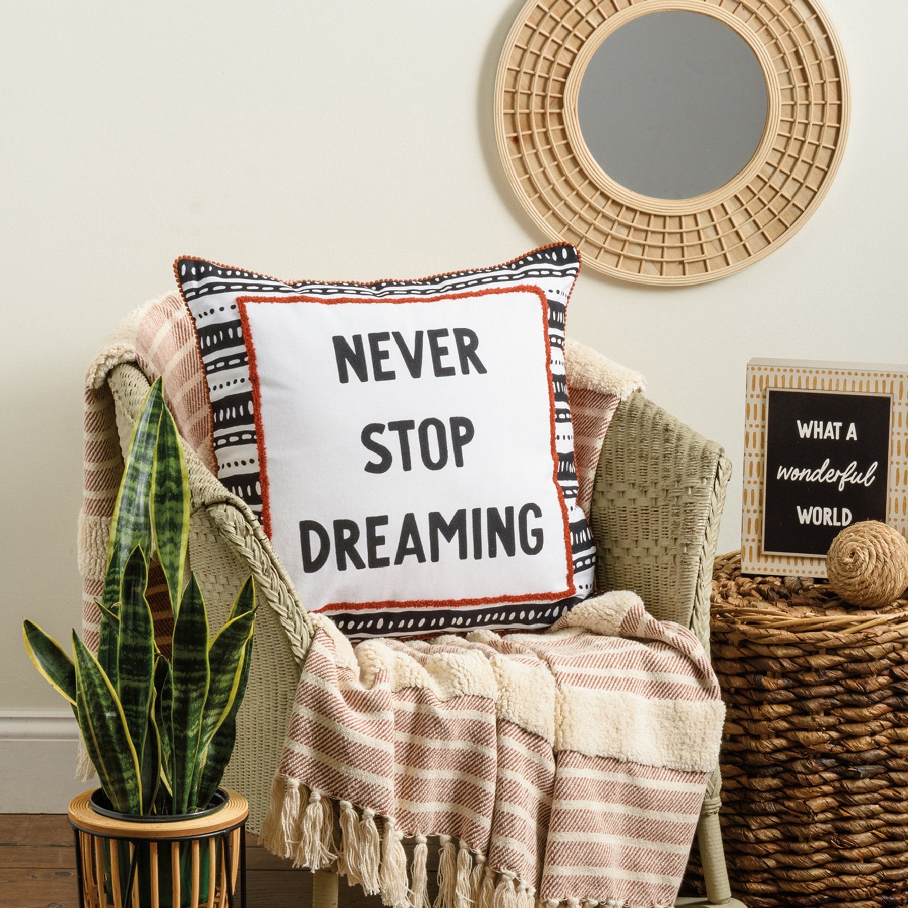 Bohemian Embroidered 'Never Stop Dreaming' Cotton Decorative Accent Pillow with Pom Trim