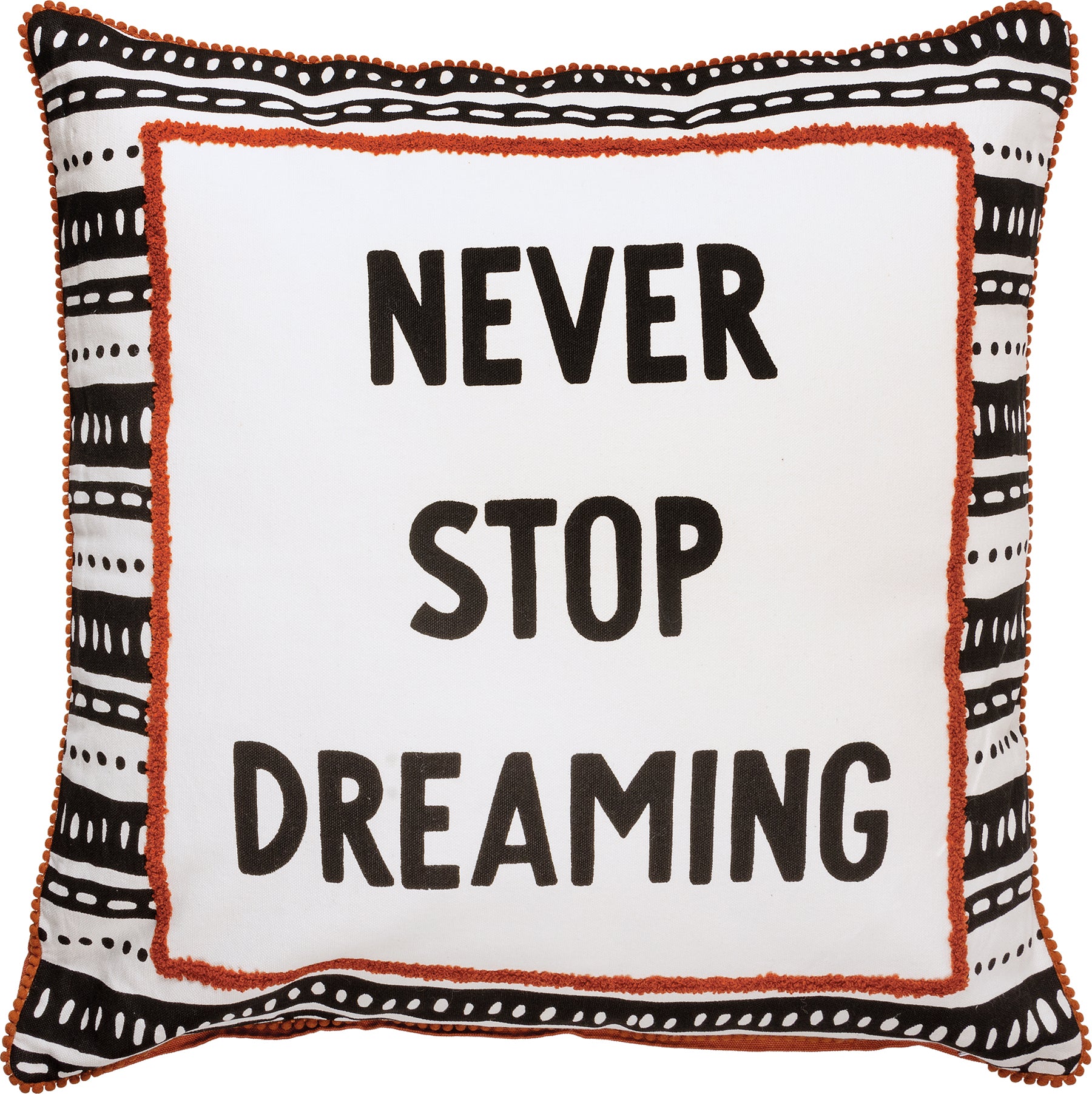 Bohemian Embroidered 'Never Stop Dreaming' Cotton Decorative Accent Pillow with Pom Trim