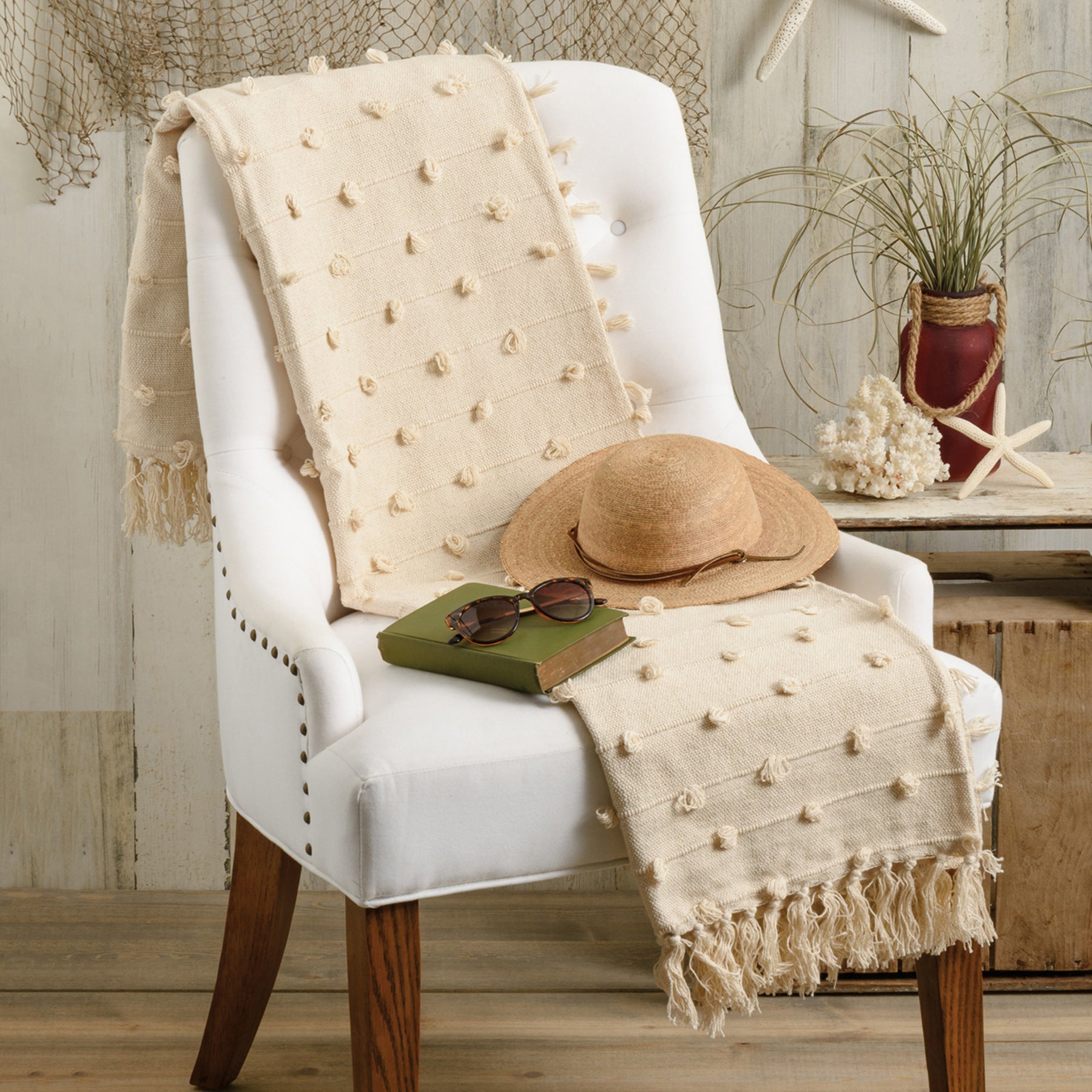 Cozy Cream Poms Cotton Throw Blanket with Fringe Trim for Stylish Home Decor