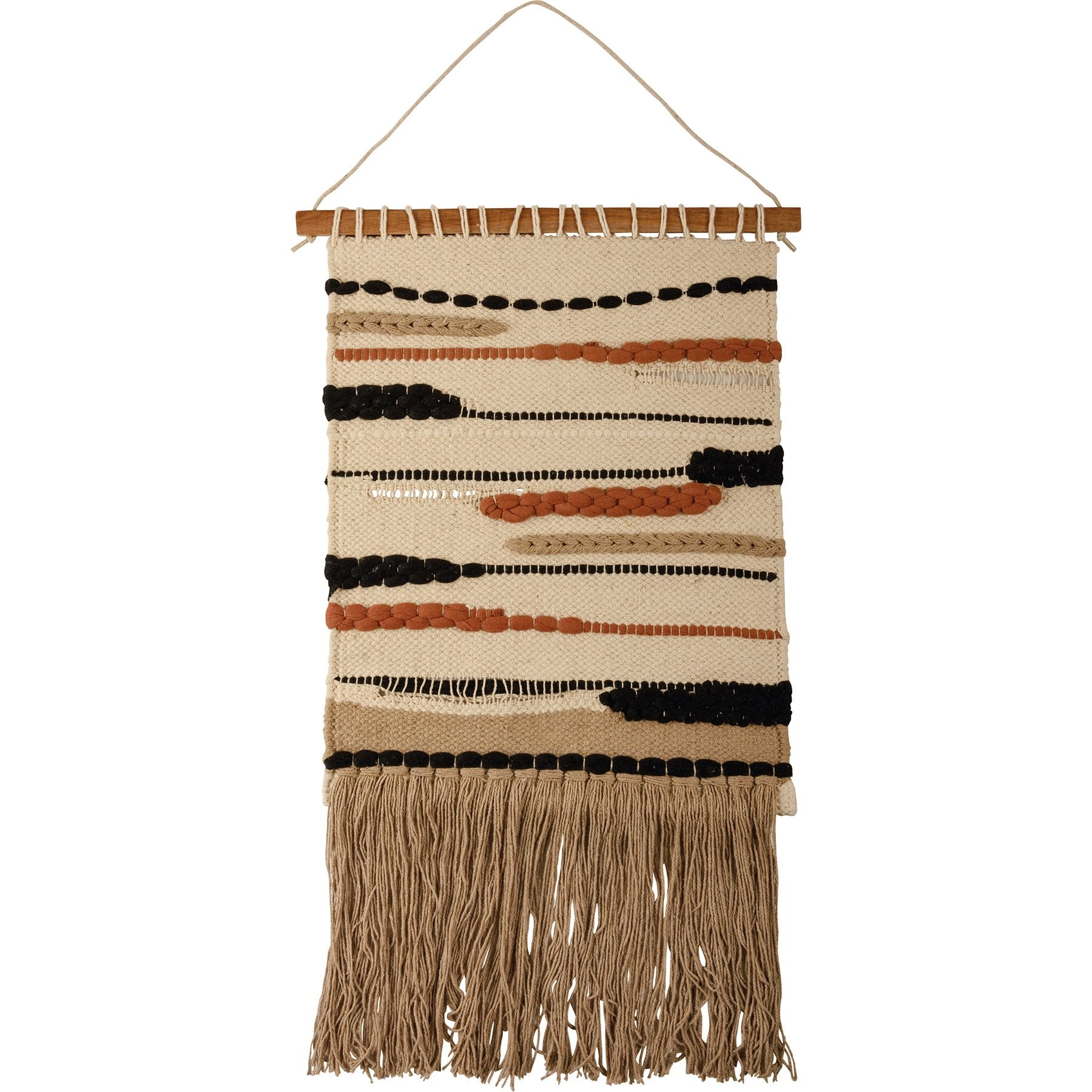Vibrant Bohemian Woven Cotton Wall Hanging with Fringe & Wood Rod