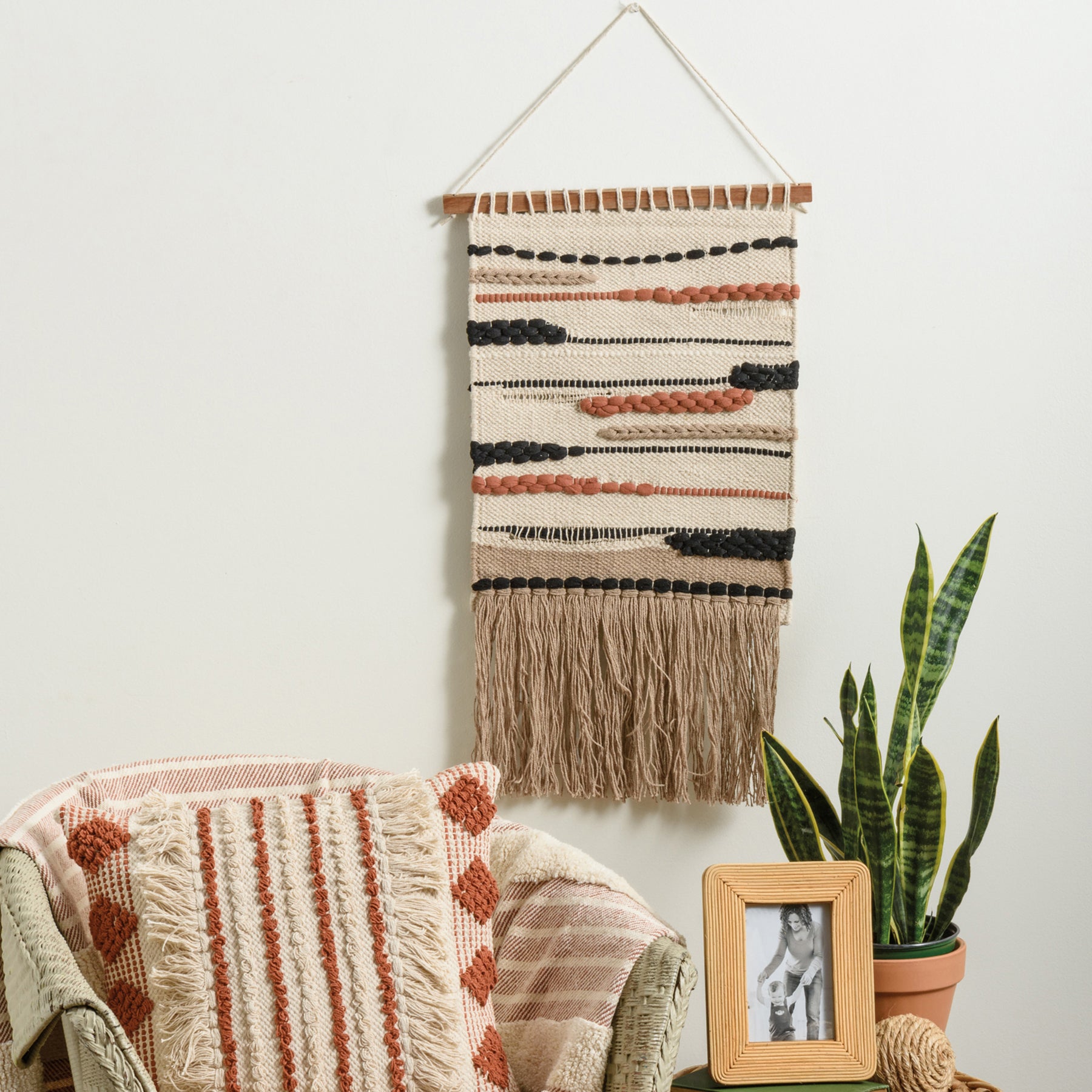 Vibrant Bohemian Woven Cotton Wall Hanging with Fringe & Wood Rod