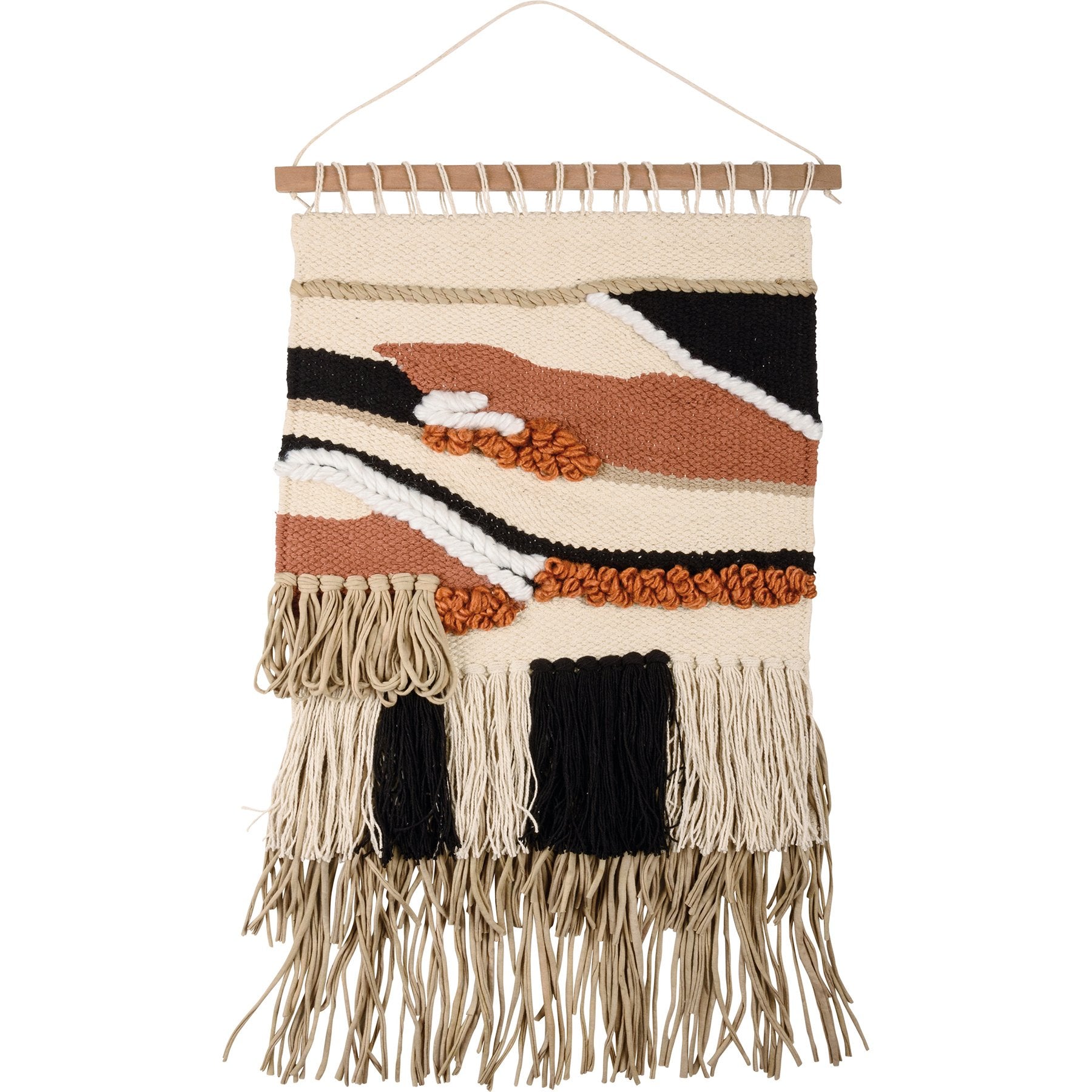 Bohemian Woven Cotton Wall Hanging with Vibrant Colors, Fringe & Wooden Rod