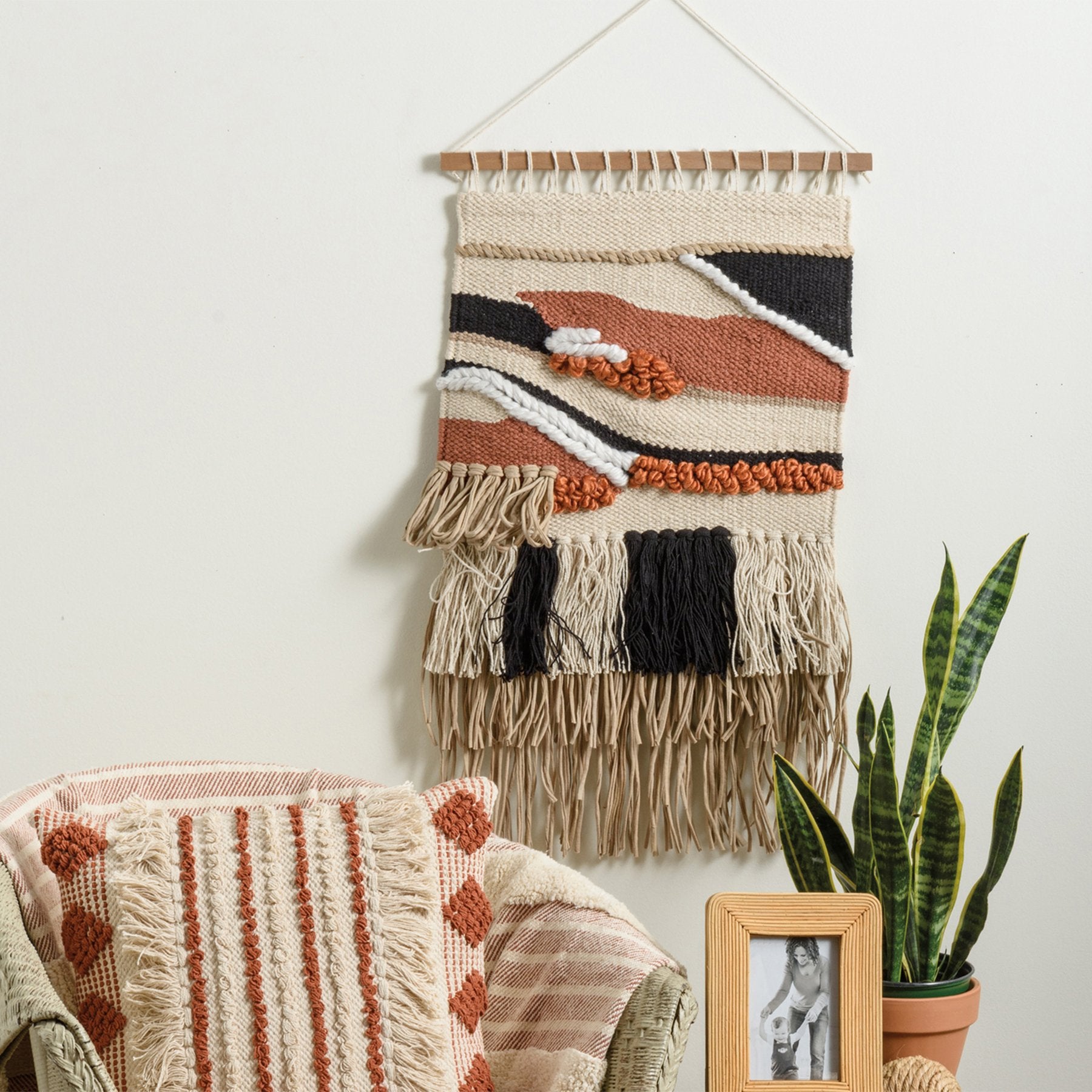 Bohemian Woven Cotton Wall Hanging with Vibrant Colors, Fringe & Wooden Rod