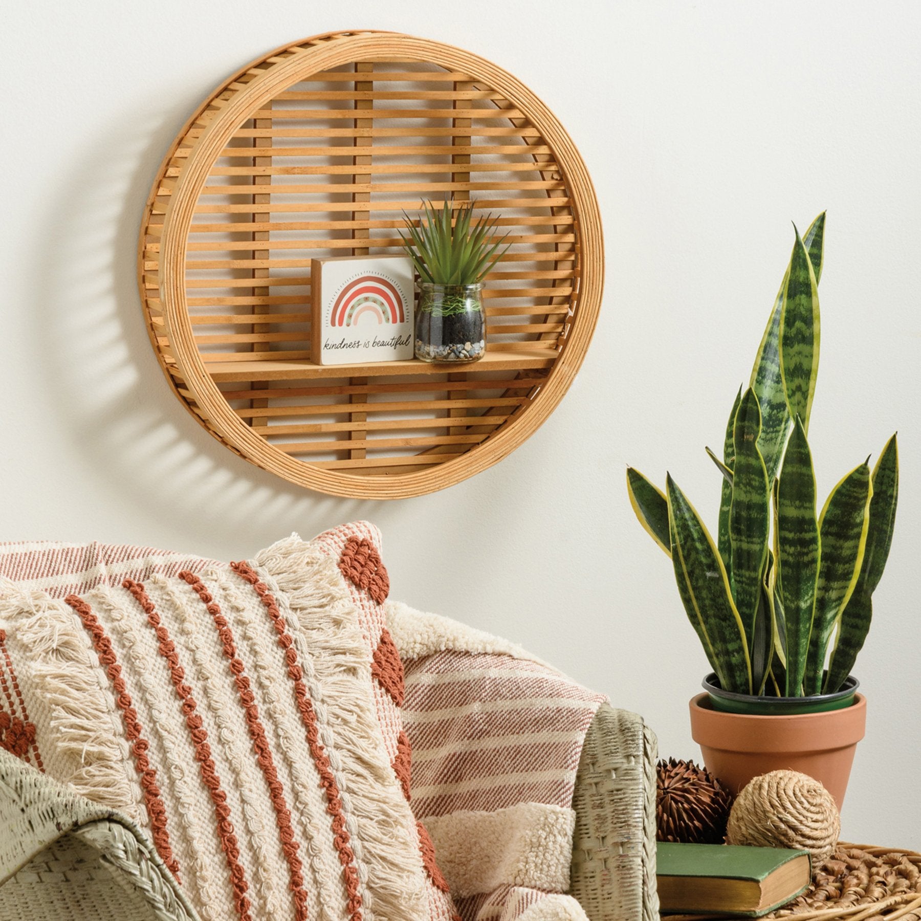 Chic Boho Rattan Round Wall Shelf - Natural Wood Basket Design Decor