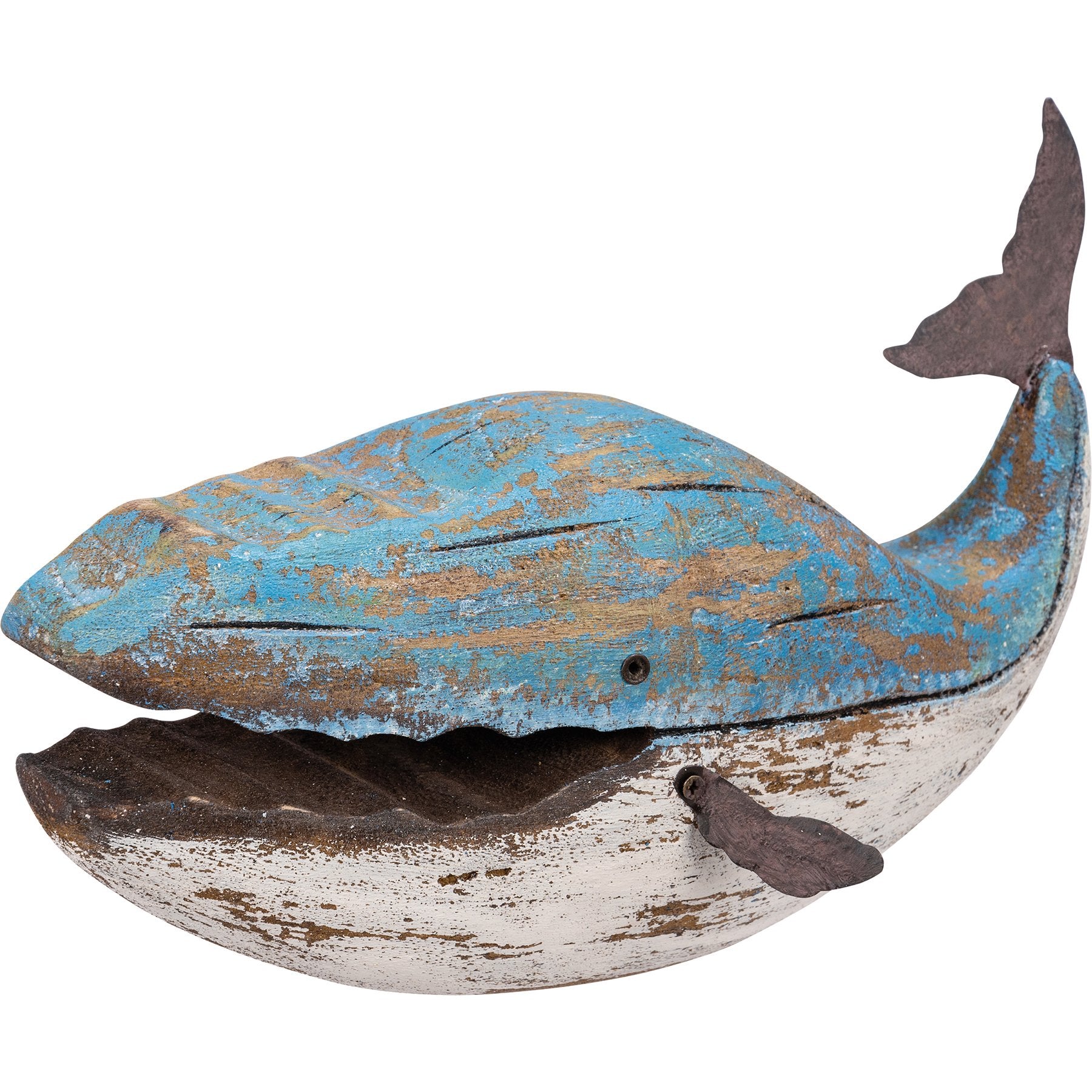 Charming Rustic Wooden Blue Whale Sitter Decor for Beach House Accents