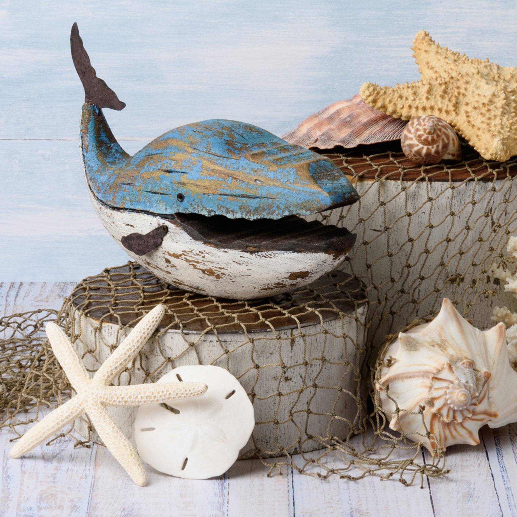 Charming Rustic Wooden Blue Whale Sitter Decor for Beach House Accents