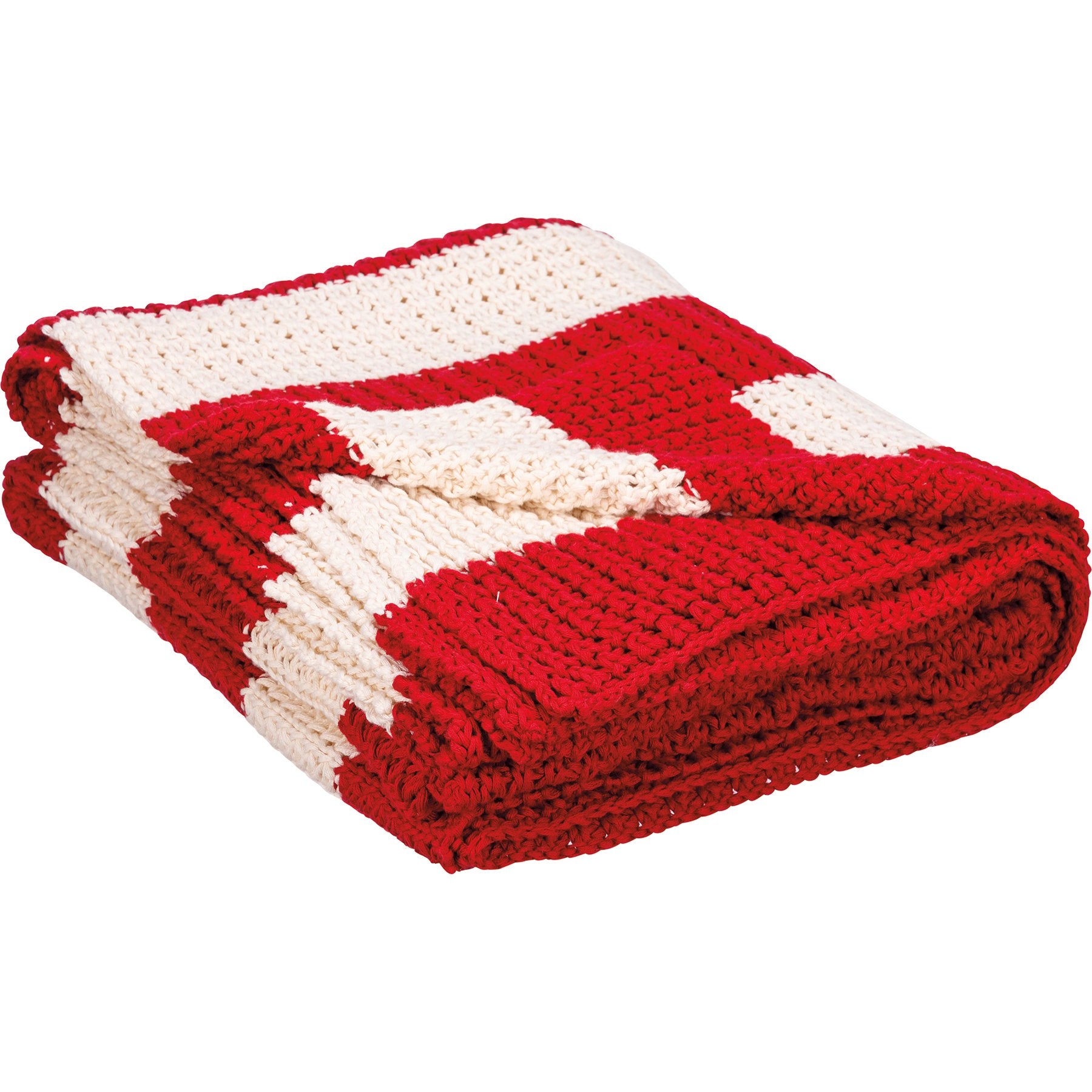 Cozy Nordic Red & White Striped Knitted Cotton Throw Blanket, Machine Washable Decor