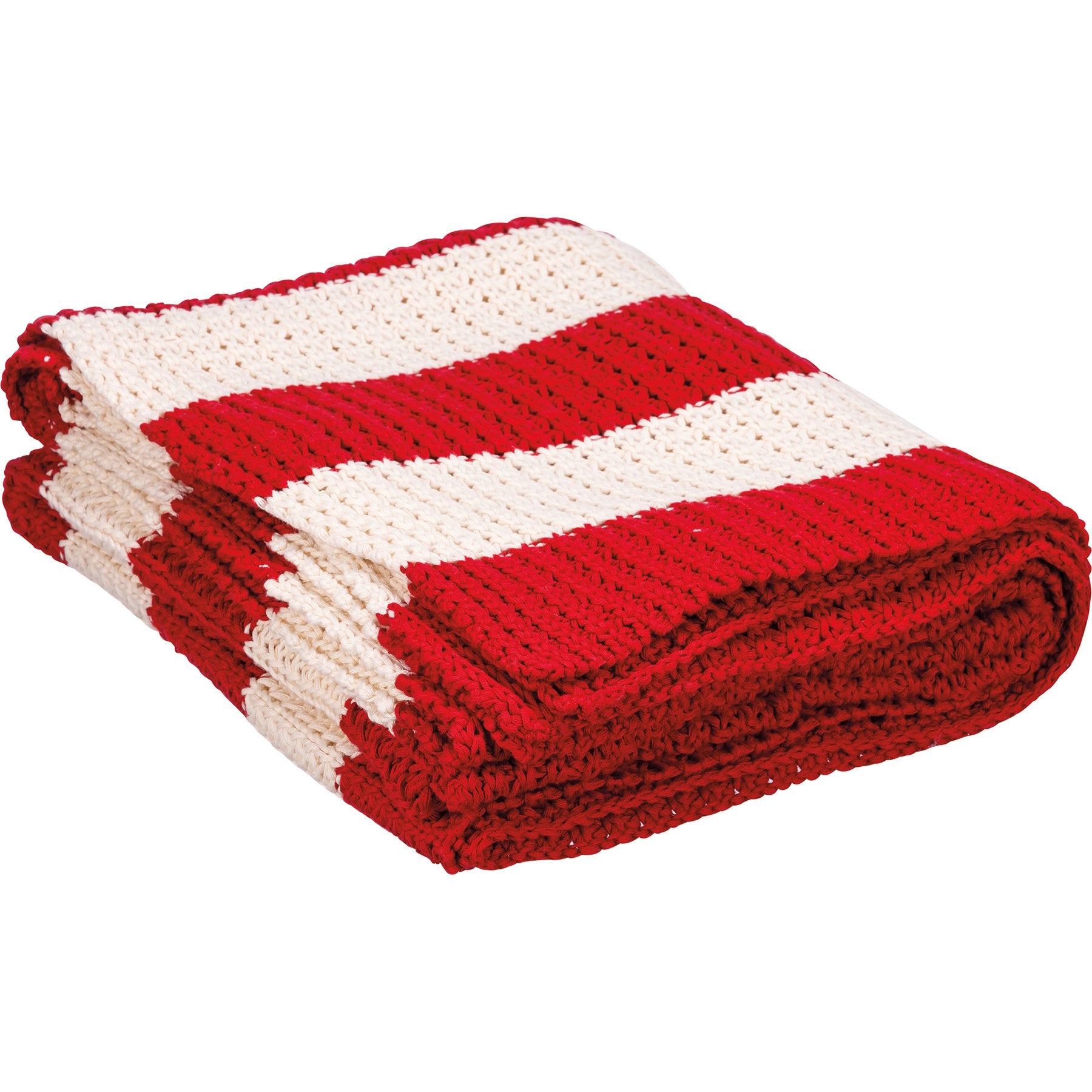 Cozy Nordic Red & White Striped Knitted Cotton Throw Blanket, Machine Washable Decor