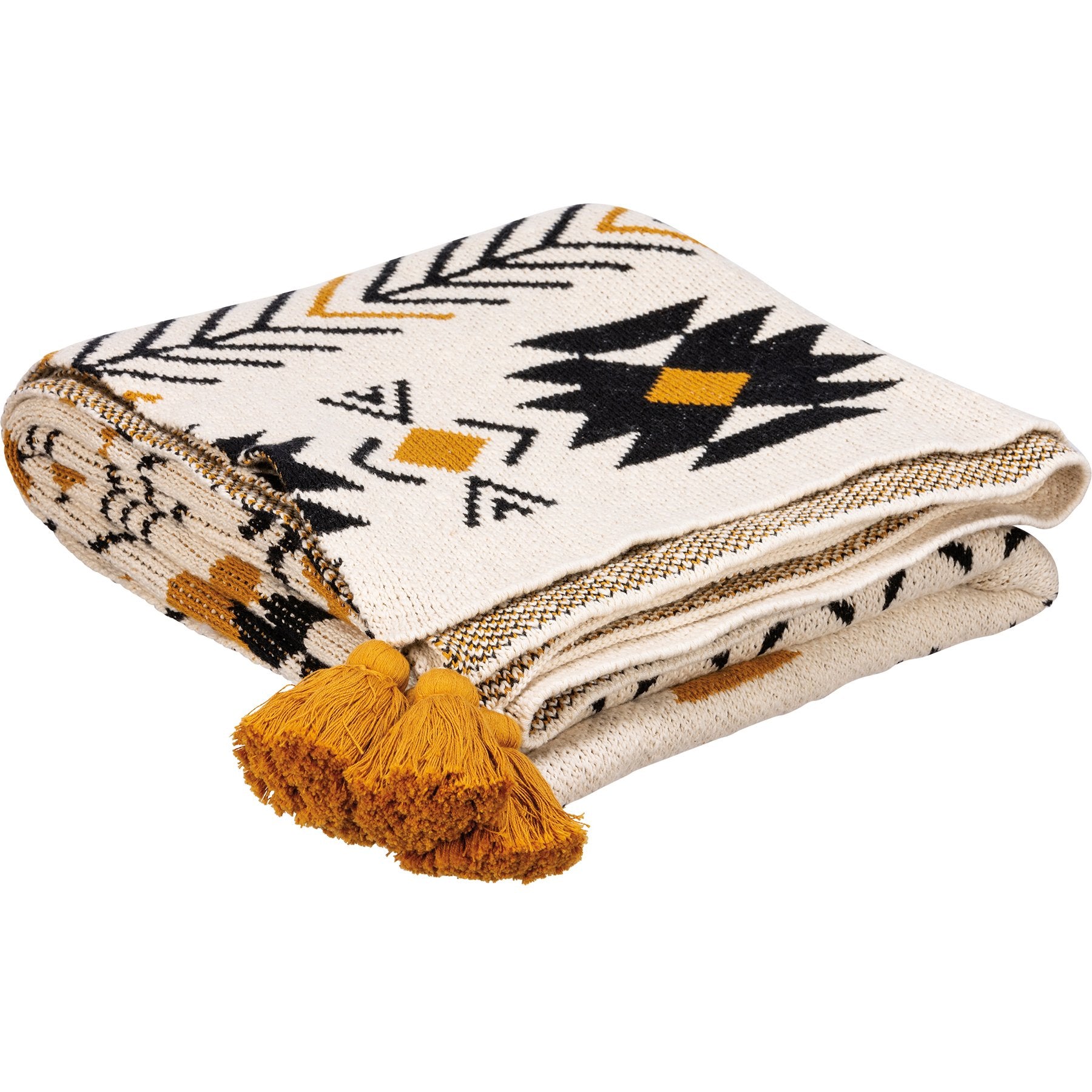 Saffron Black Aztec Knitted Cotton Throw Blanket with Tassels - Artisanal Design
