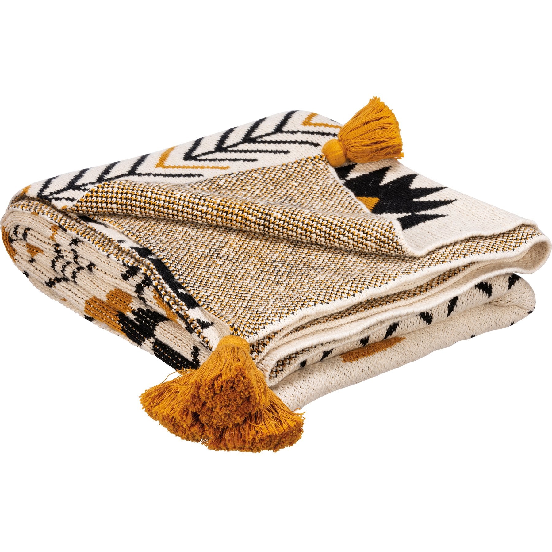 Saffron Black Aztec Knitted Cotton Throw Blanket with Tassels - Artisanal Design