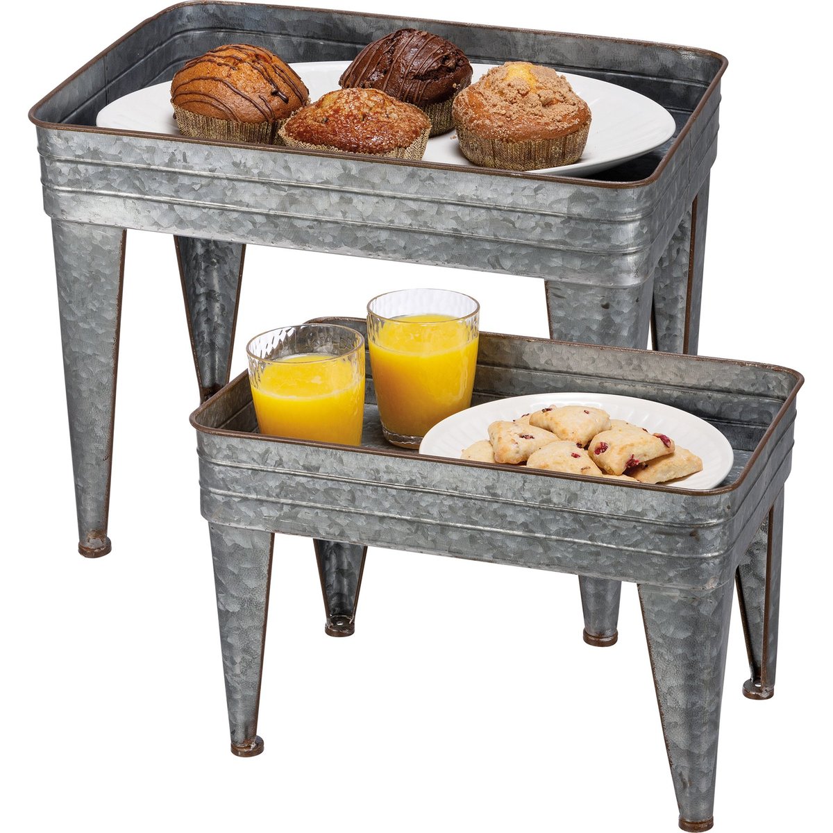 Rustic Farmhouse Galvanized Metal Serving Tray Table Set of Two