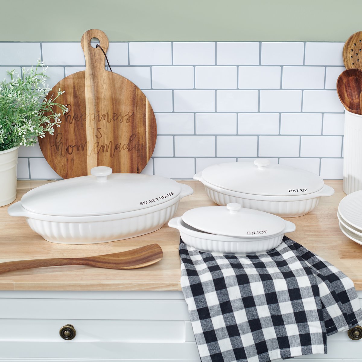 Stoneware Covered Casserole Baking Dish Set with Sentiments - 3-Piece Farmhouse Style