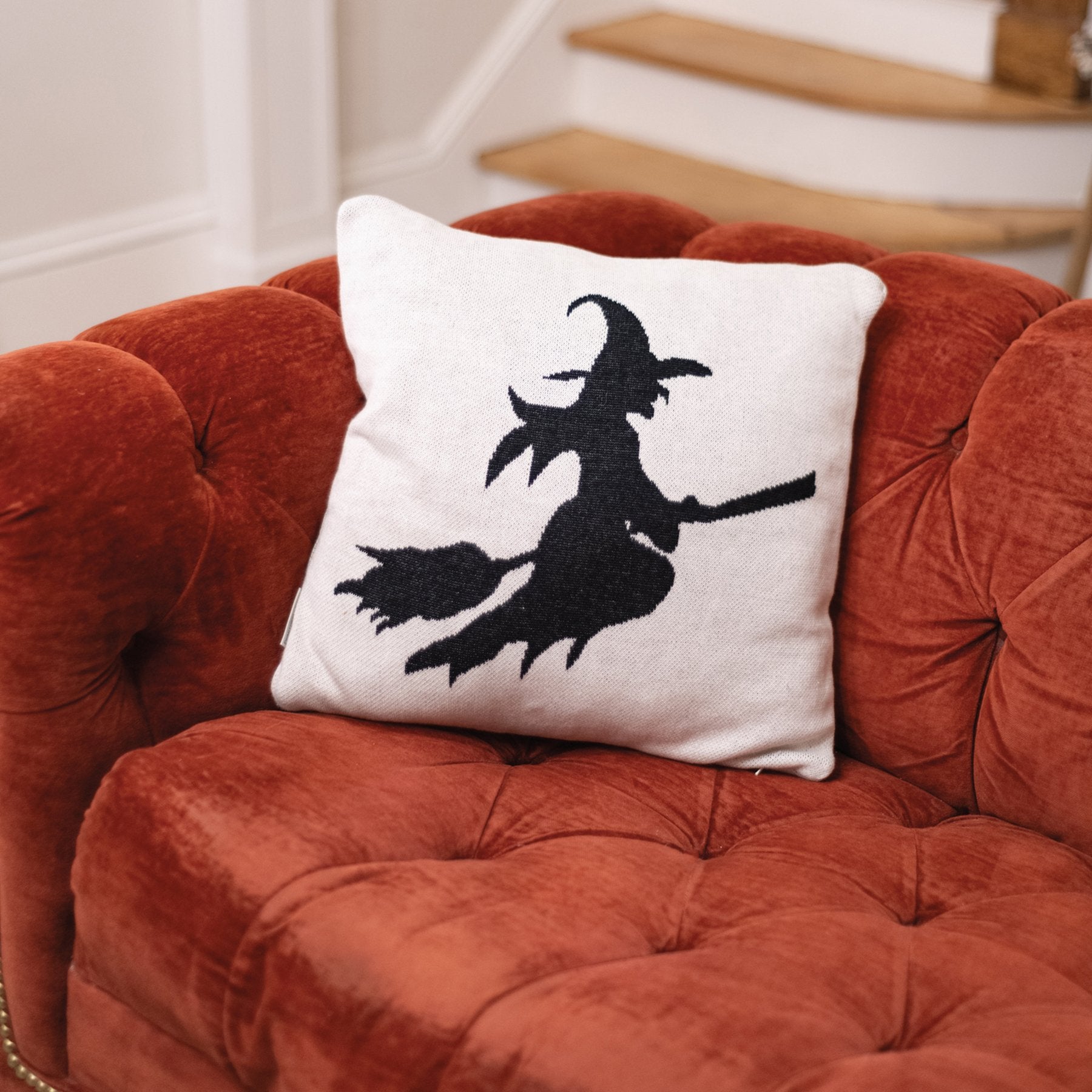 Charming Halloween Witch Silhouette Cotton Pillow with Zippered Cover & Polyester Fill
