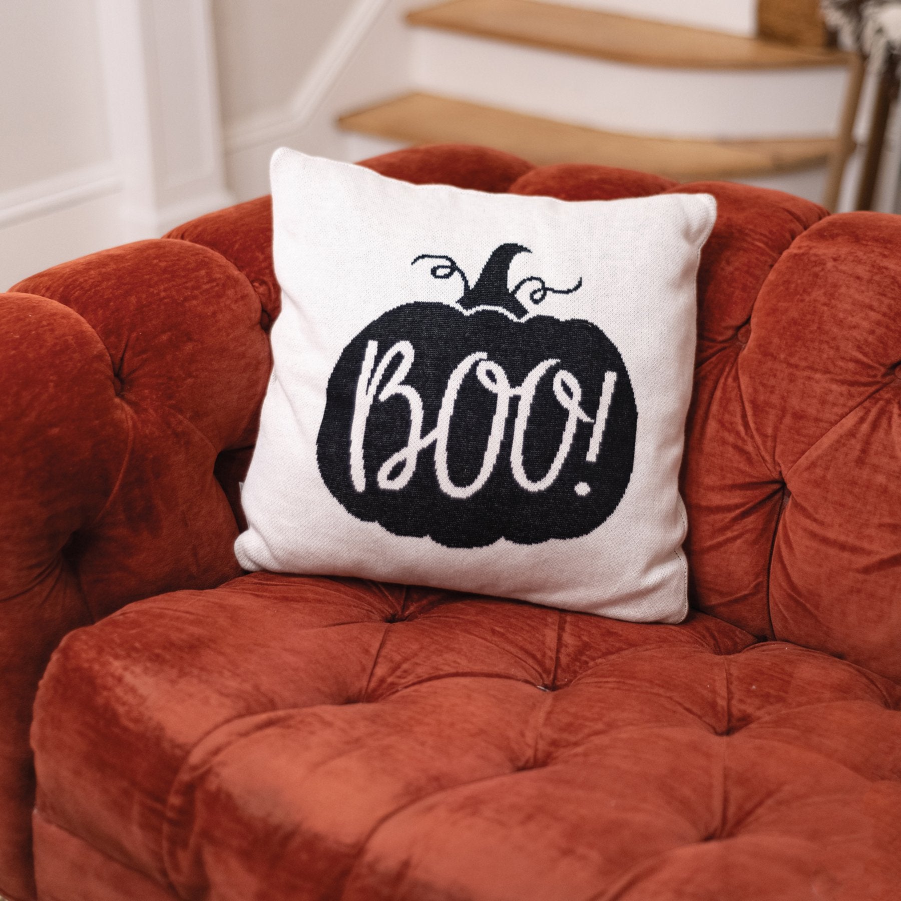 Cozy White Boo! Pumpkin Halloween Decorative Pillow - Soft Cotton Knit Cushion