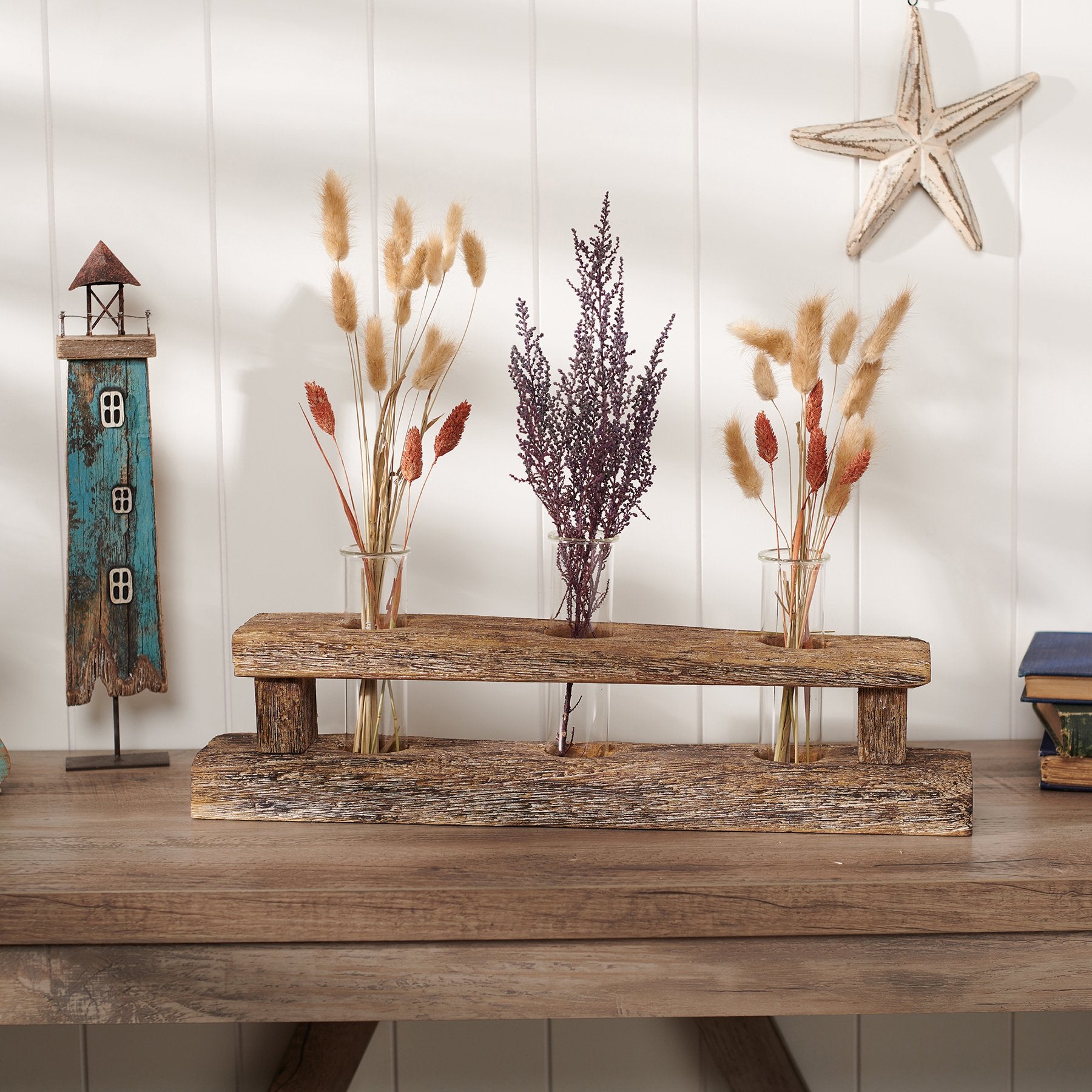 Rustic Driftwood Wood Test Tube Vase with 3 Glass Inserts for Floral Display