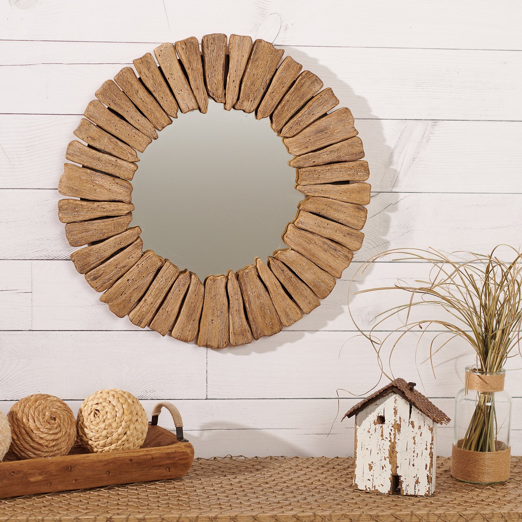 Rustic Coastal Driftwood Round Wall Mirror - Decorative Home Accent
