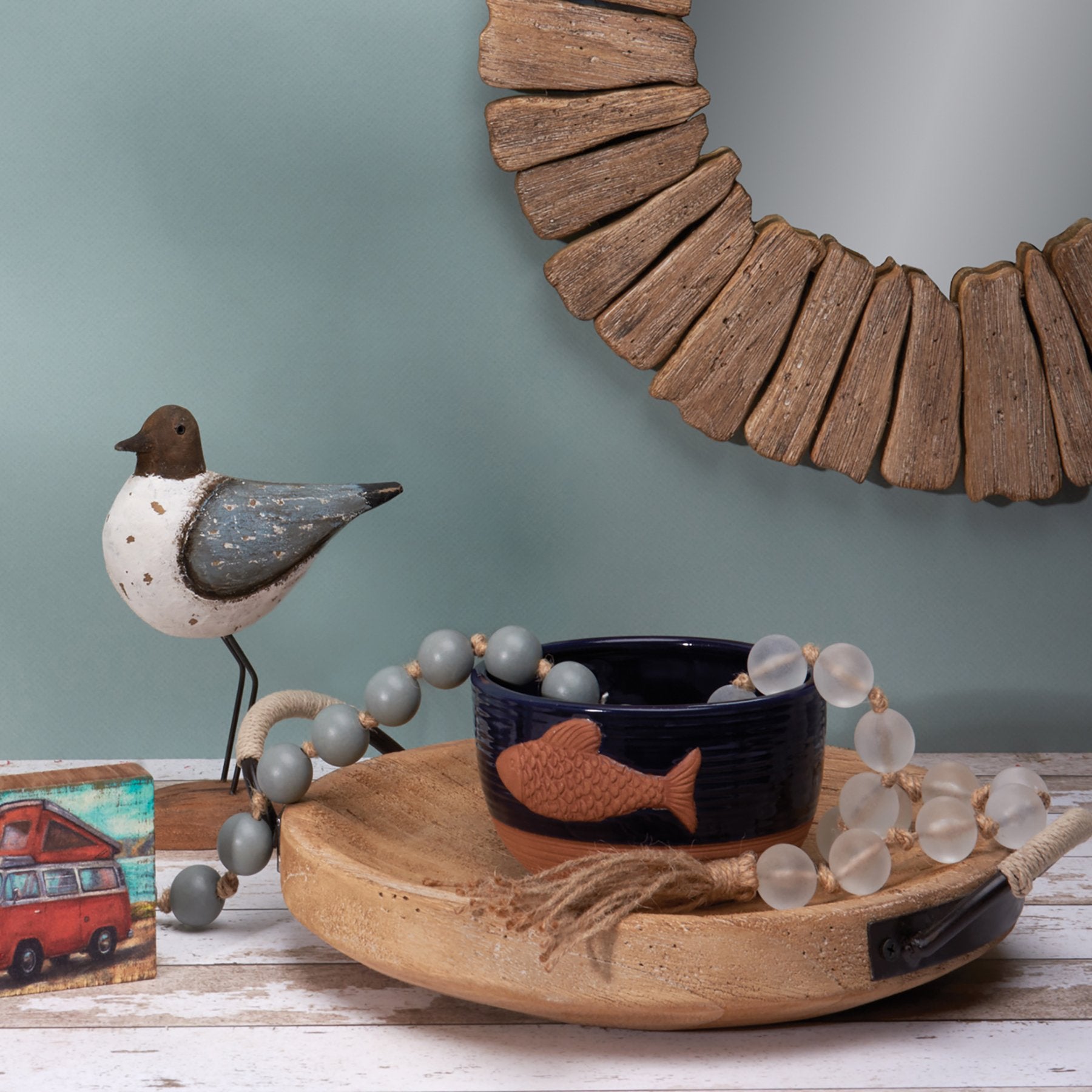 Rustic Farmhouse Wood Bowl Tray with Jute Rope Handles, Natural Decorative Accent