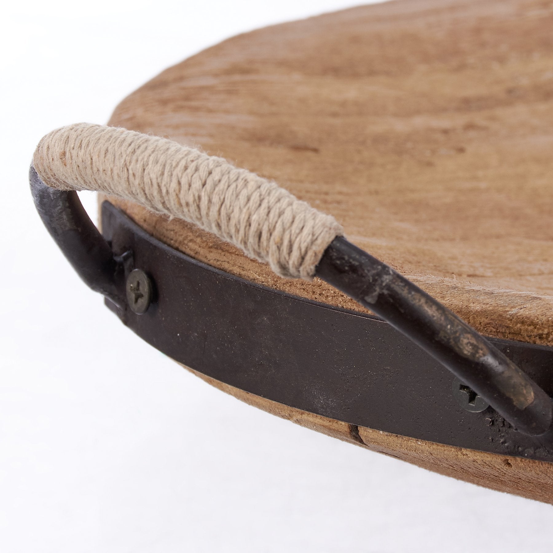 Rustic Farmhouse Wood Bowl Tray with Jute Rope Handles, Natural Decorative Accent