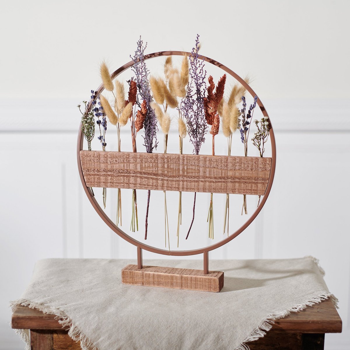 Rustic Wildflowers Flower Holder: Metal Ring, Wood Base Floral Display