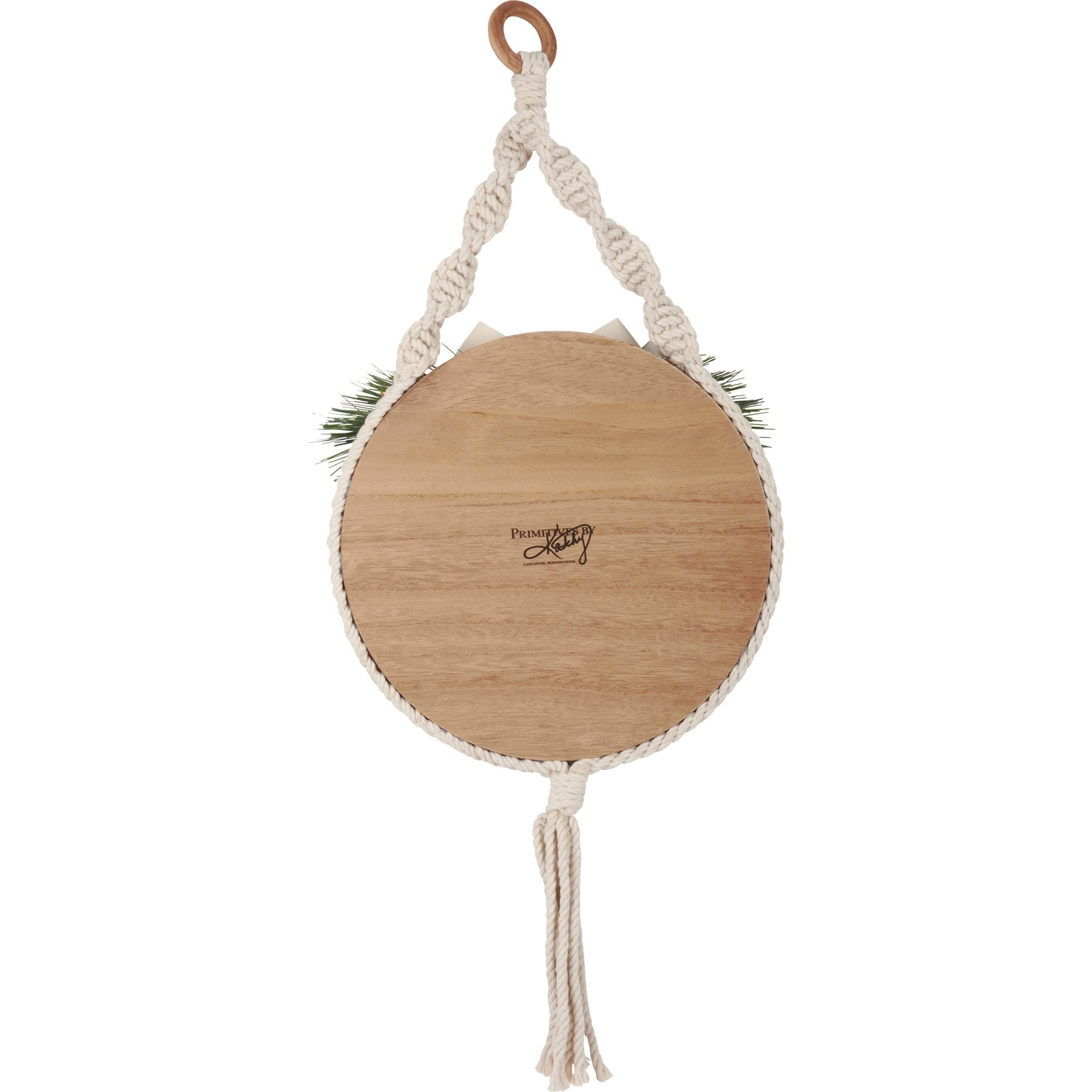 Boho Natural Wood Merry Christmas Hanging Decor with Macrame Cord & Pine Accents