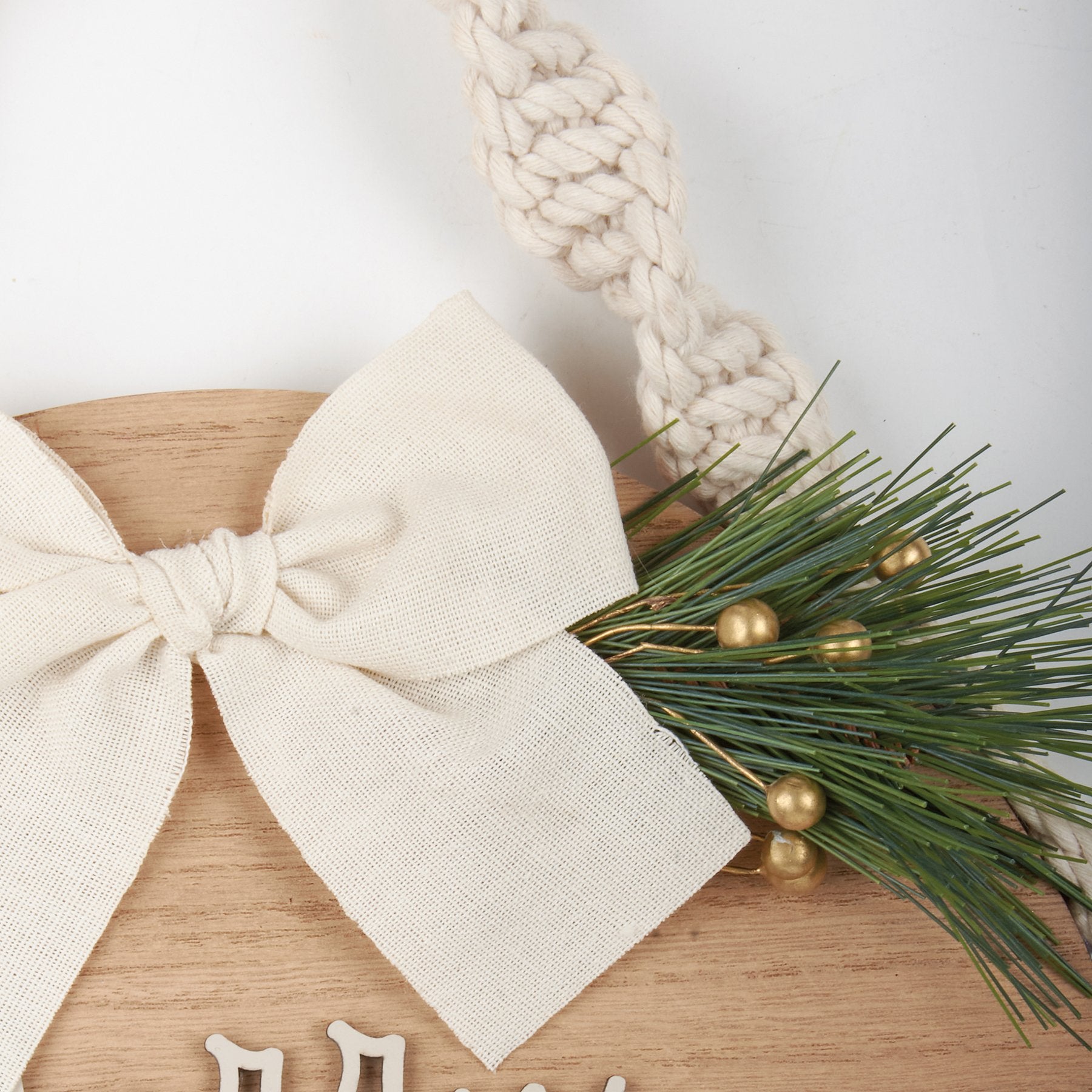 Boho Natural Wood Merry Christmas Hanging Decor with Macrame Cord & Pine Accents