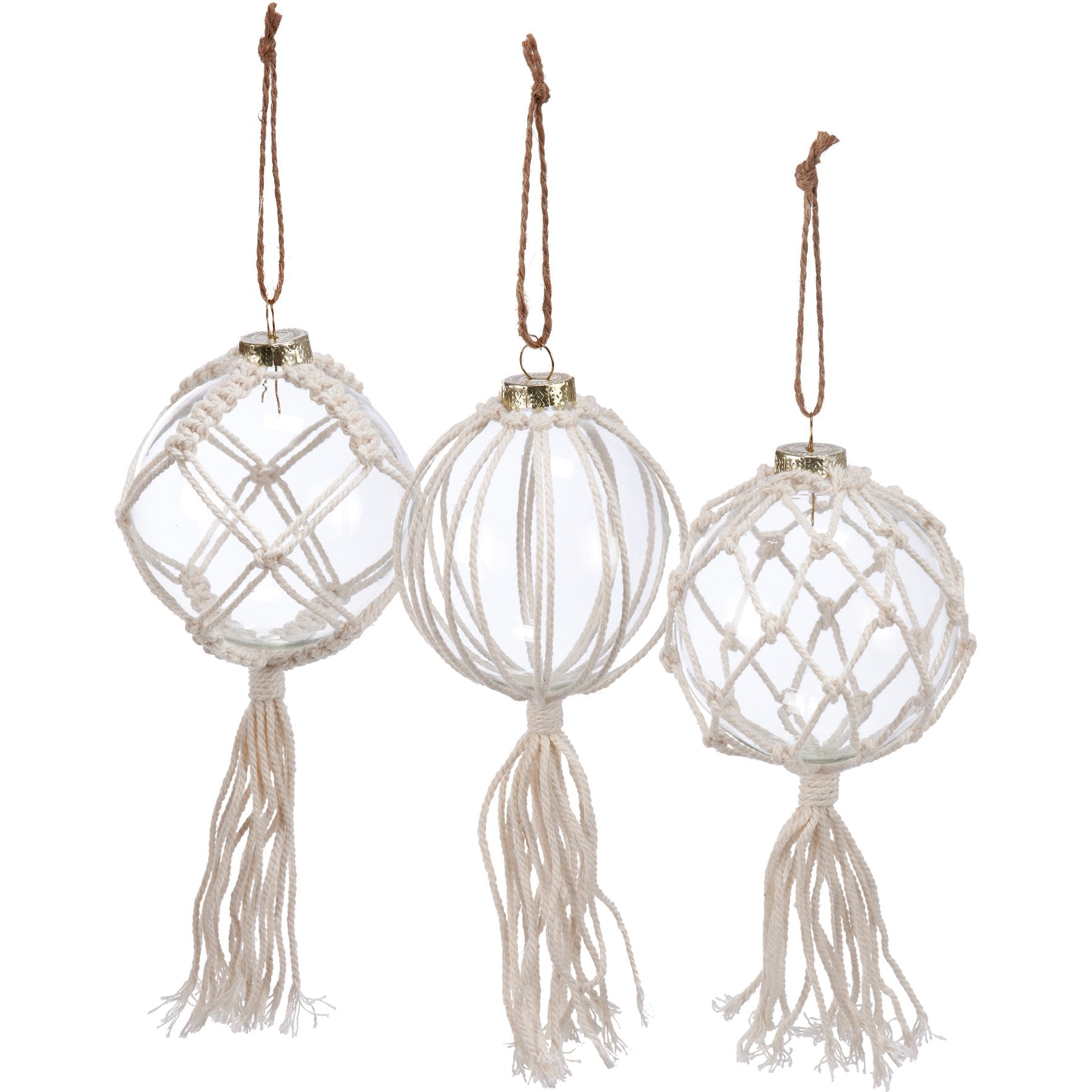 Bohemian Macrame Glass Ball Christmas Ornaments Set - 3 Unique Designs with Jute Hangers