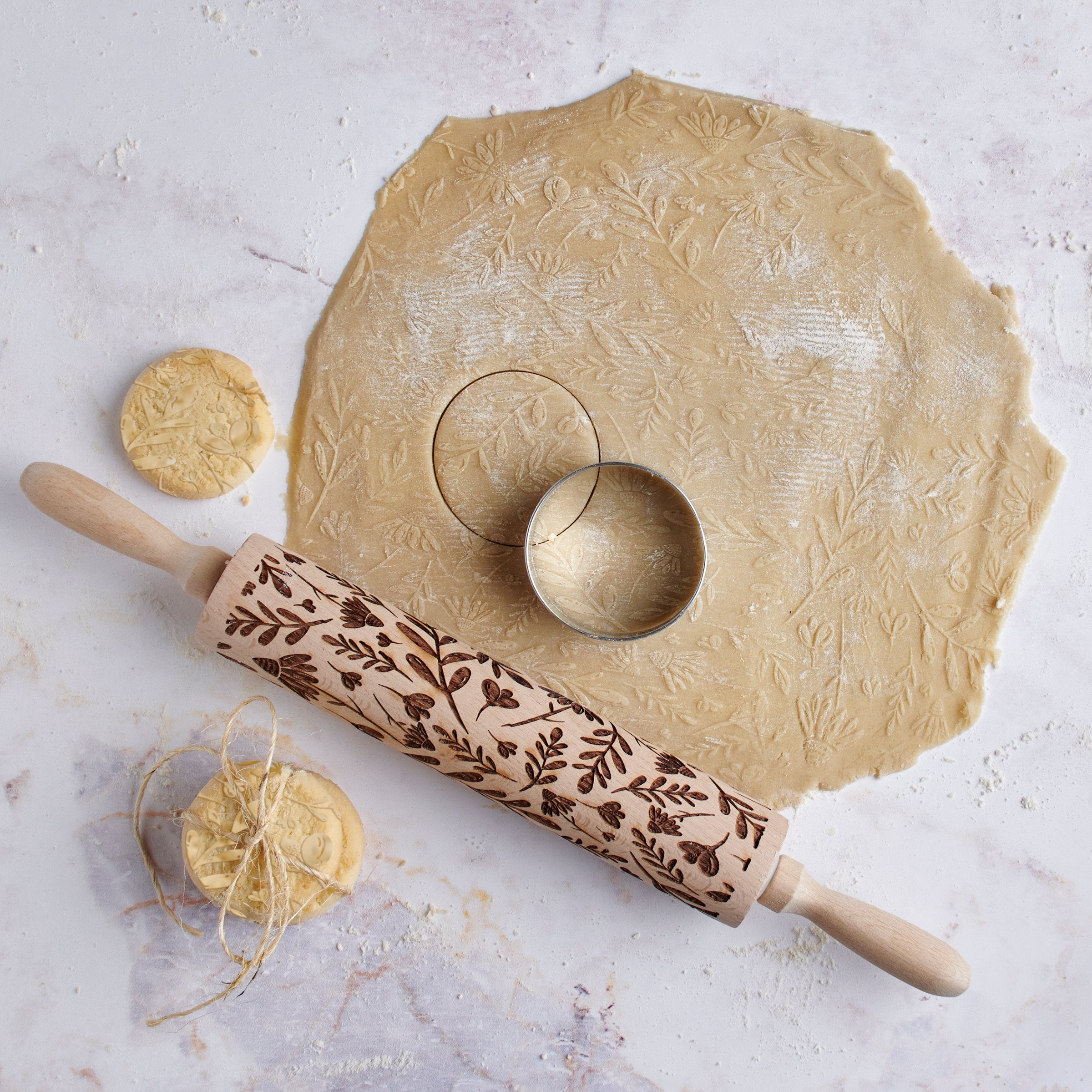 Large Floral Embossing Wooden Rolling Pin for Artisan Baking & Unique Cookies