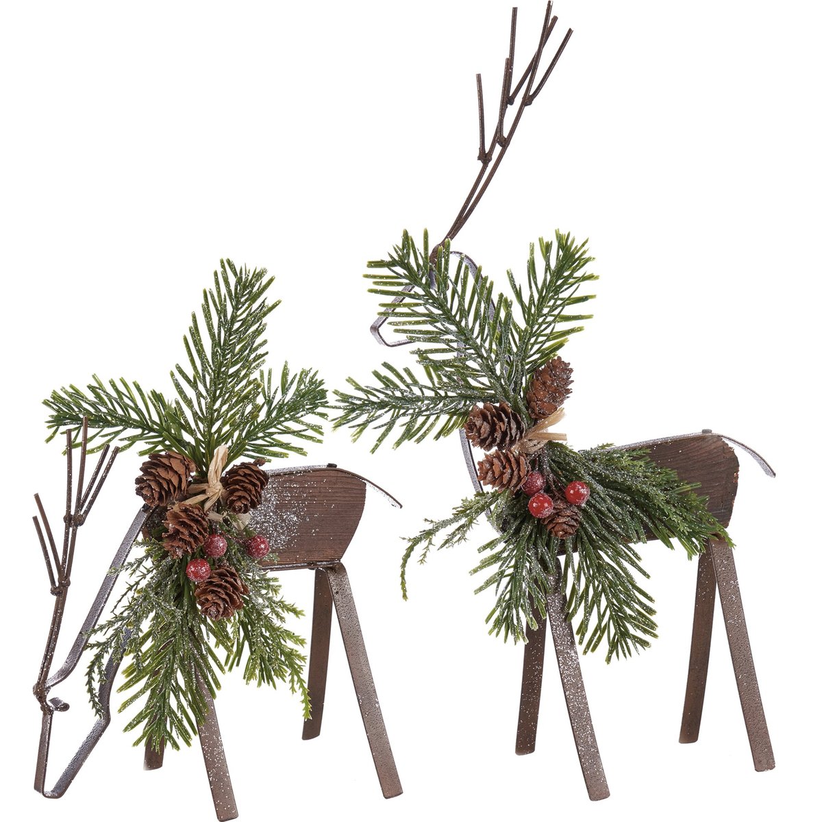 Charming Woodland Deer Sitter Set with Pine & Berries, Metal & Wood Accents