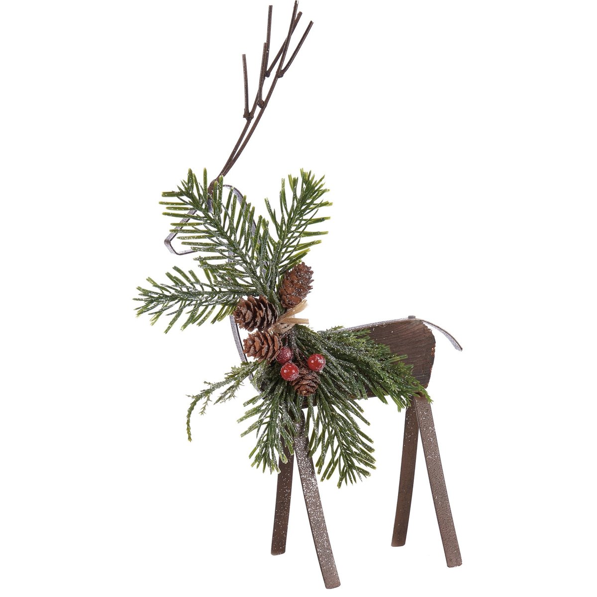 Charming Woodland Deer Sitter Set with Pine & Berries, Metal & Wood Accents