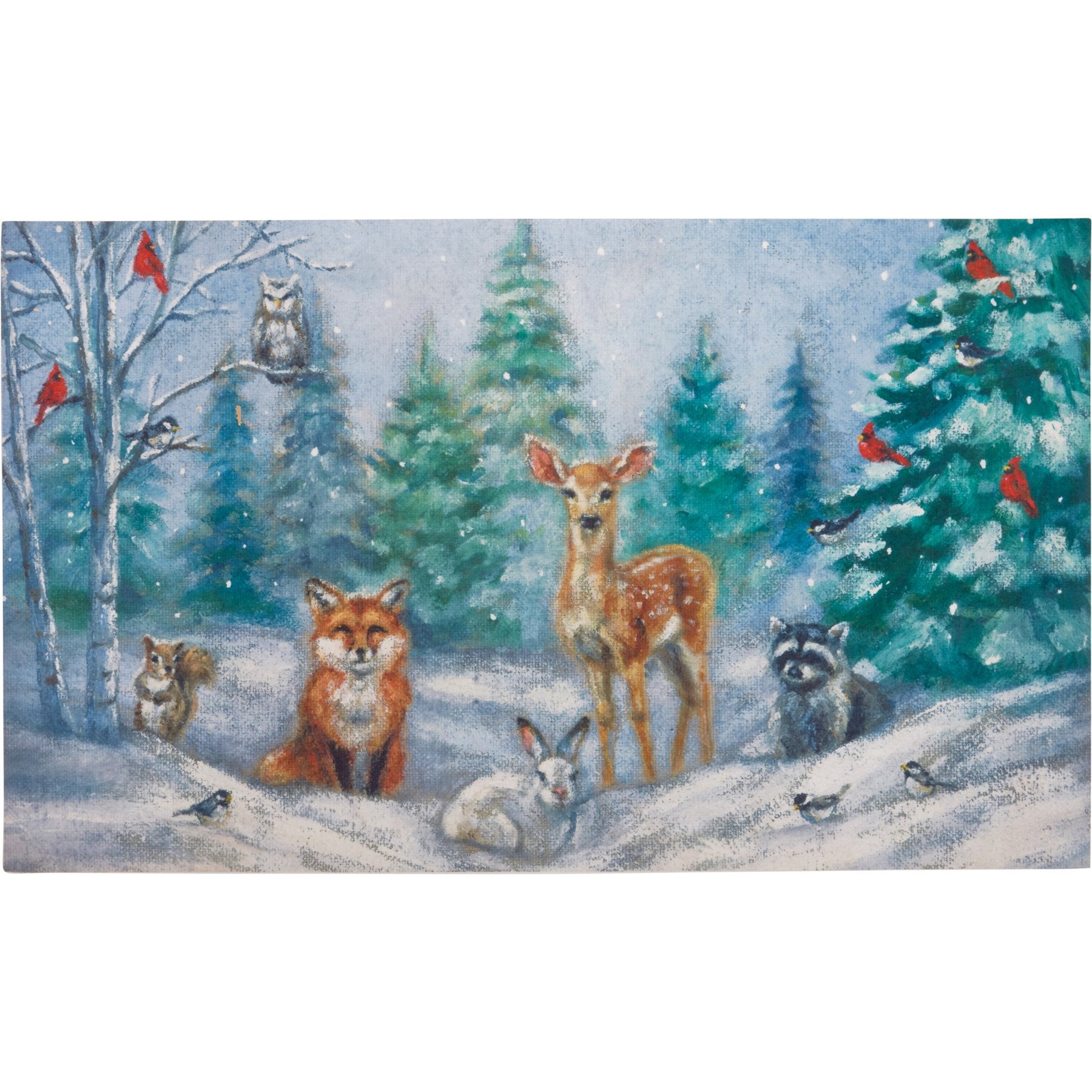 Enchanting Woodland Winter Family Rug: Festive Polyester Decor with Skid-Resistant Backing