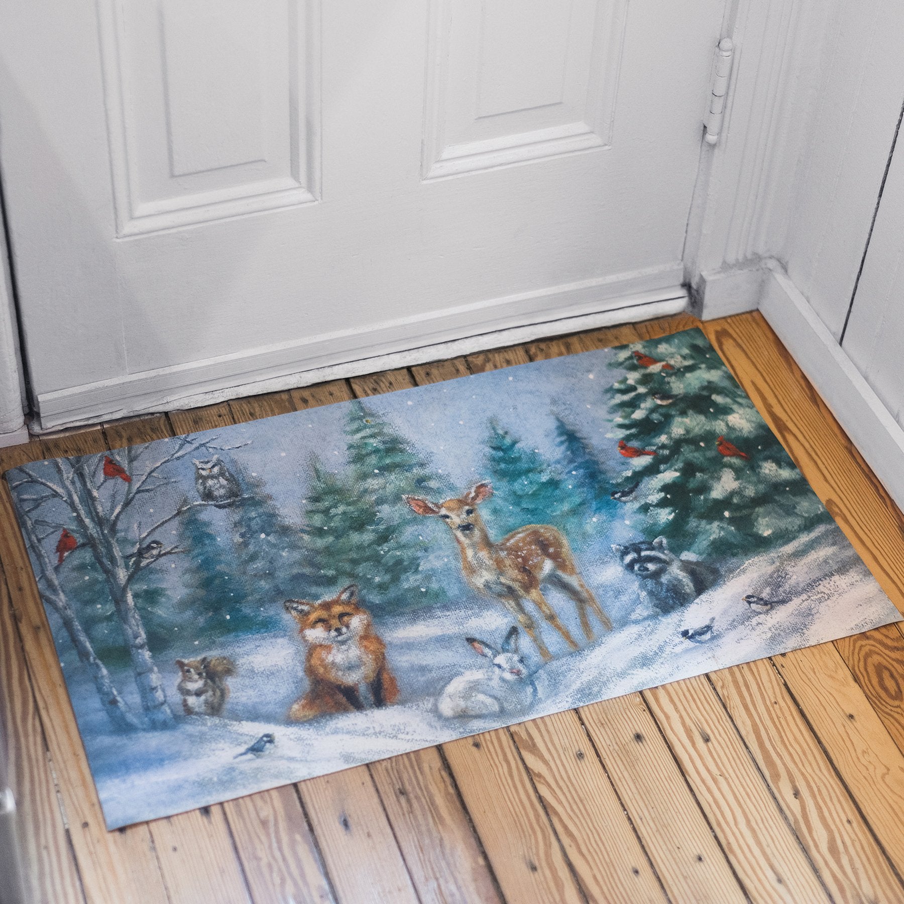 Enchanting Woodland Winter Family Rug: Festive Polyester Decor with Skid-Resistant Backing